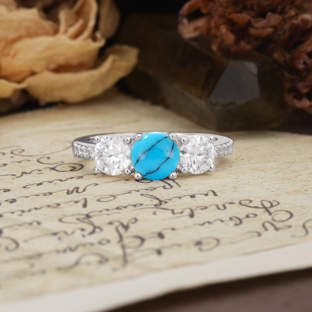 Unique Classic 4-Prong Round Cut Turquoise Three Stones Wedding Ring - Additional view