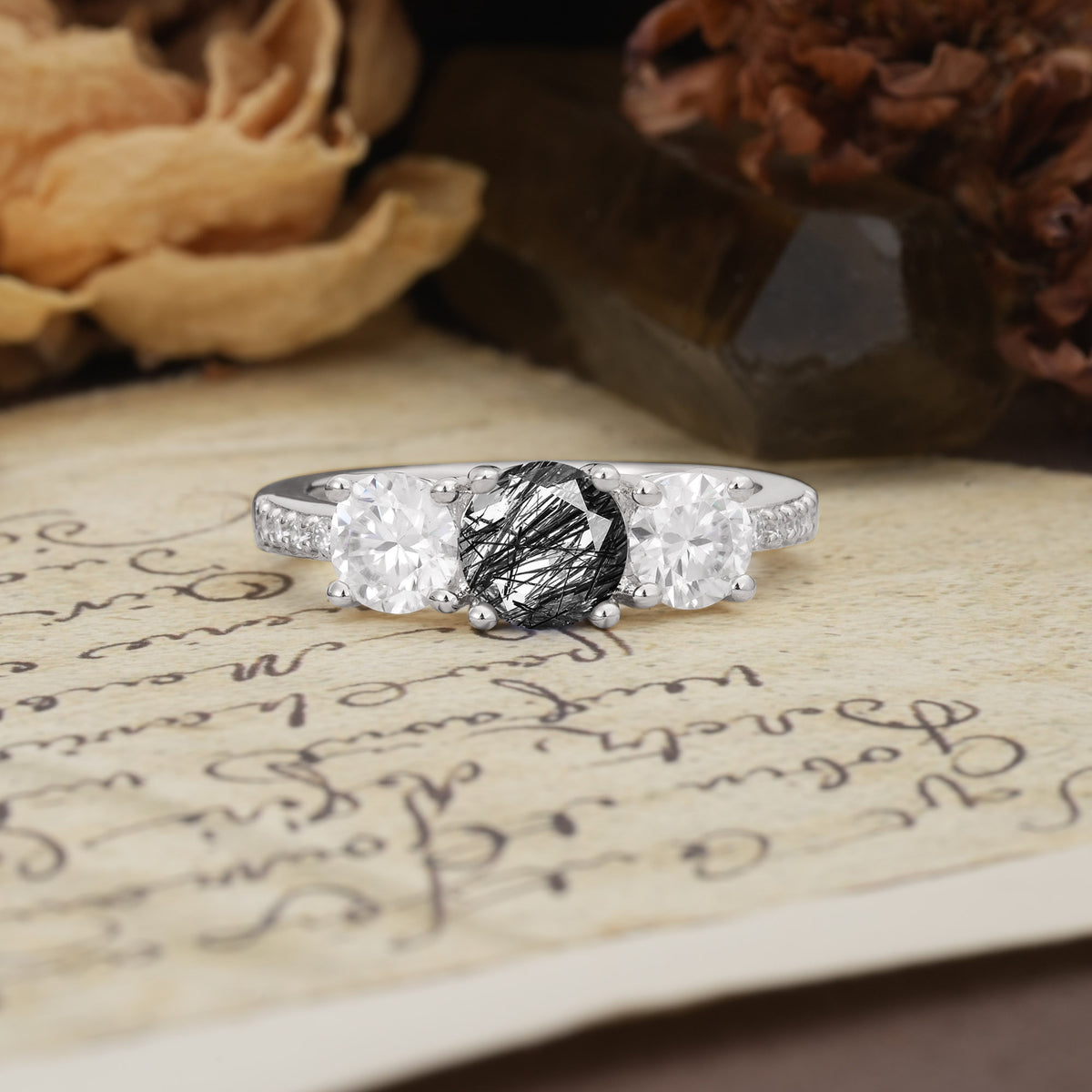 Unique Classic 4-Prong Round Cut Black Rutilated Quartz Three Stones Wedding Ring - Additional view