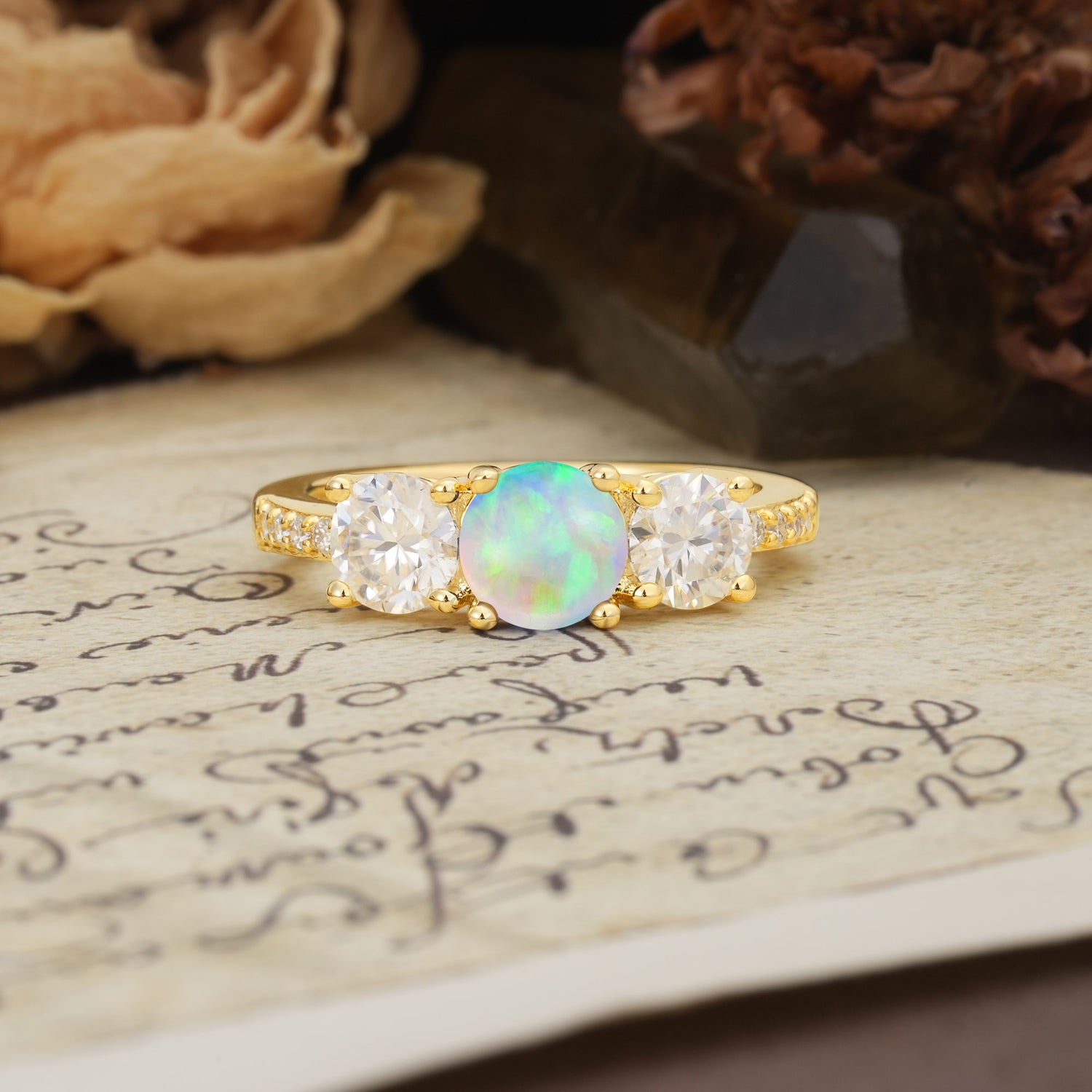Unique Classic 4-Prong Round Cut Fire Opal Three Stones Wedding Ring