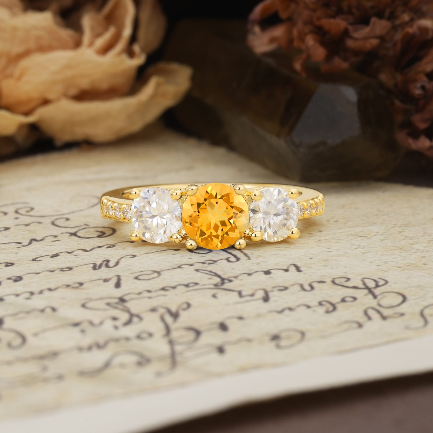 Unique Classic 4-Prong Round Cut Citrine Three Stones Wedding Ring