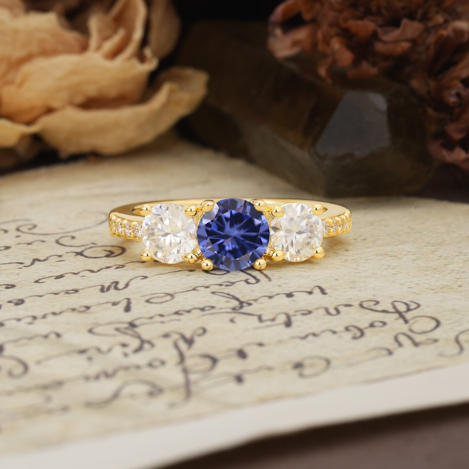 Unique Classic 4-Prong Round Cut Tanzanite Three Stones Wedding Ring