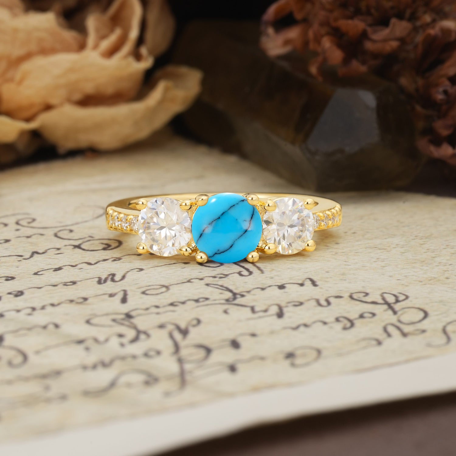 Unique Classic 4-Prong Round Cut Turquoise Three Stones Wedding Ring
