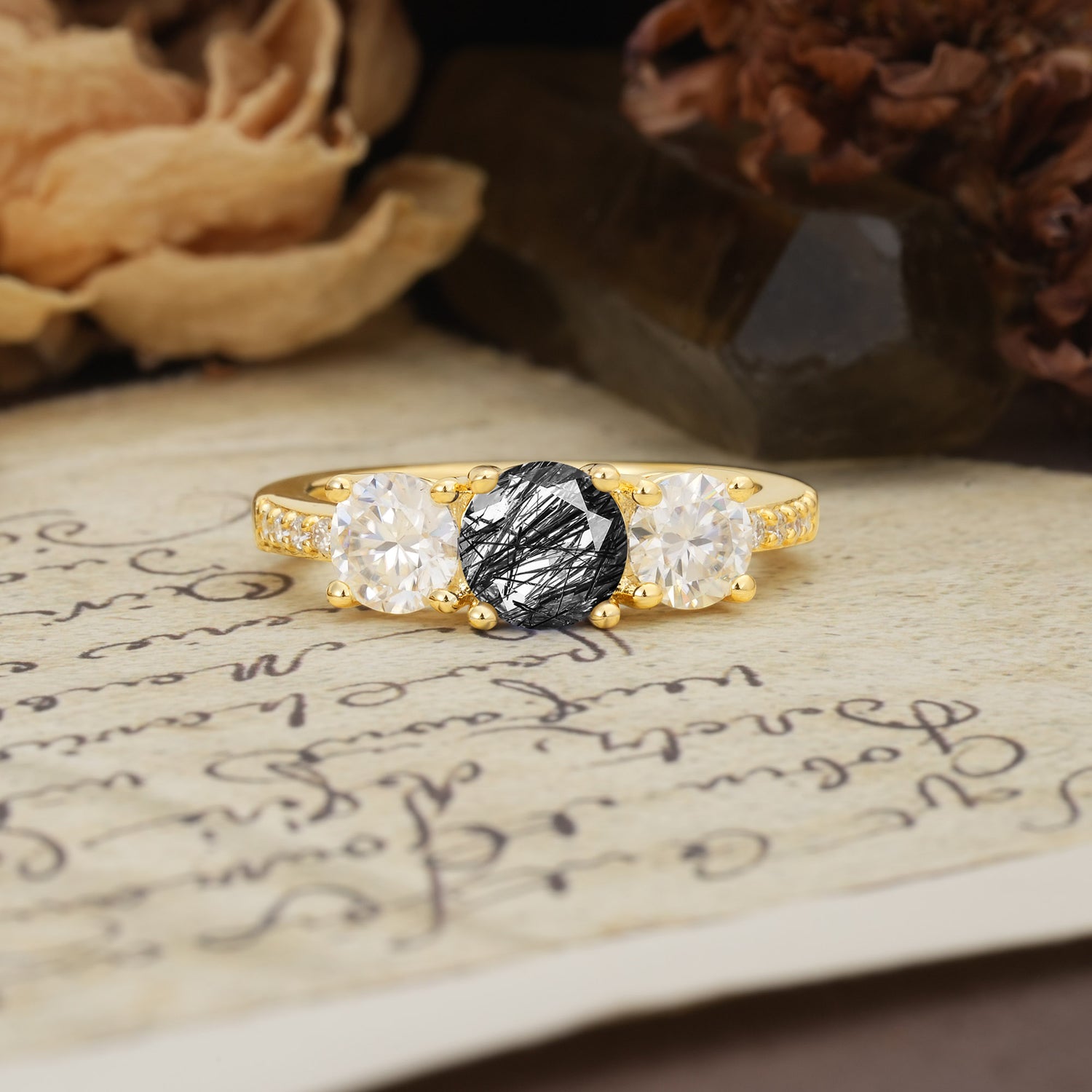 Unique Classic 4-Prong Round Cut Black Rutilated Quartz Three Stones Wedding Ring