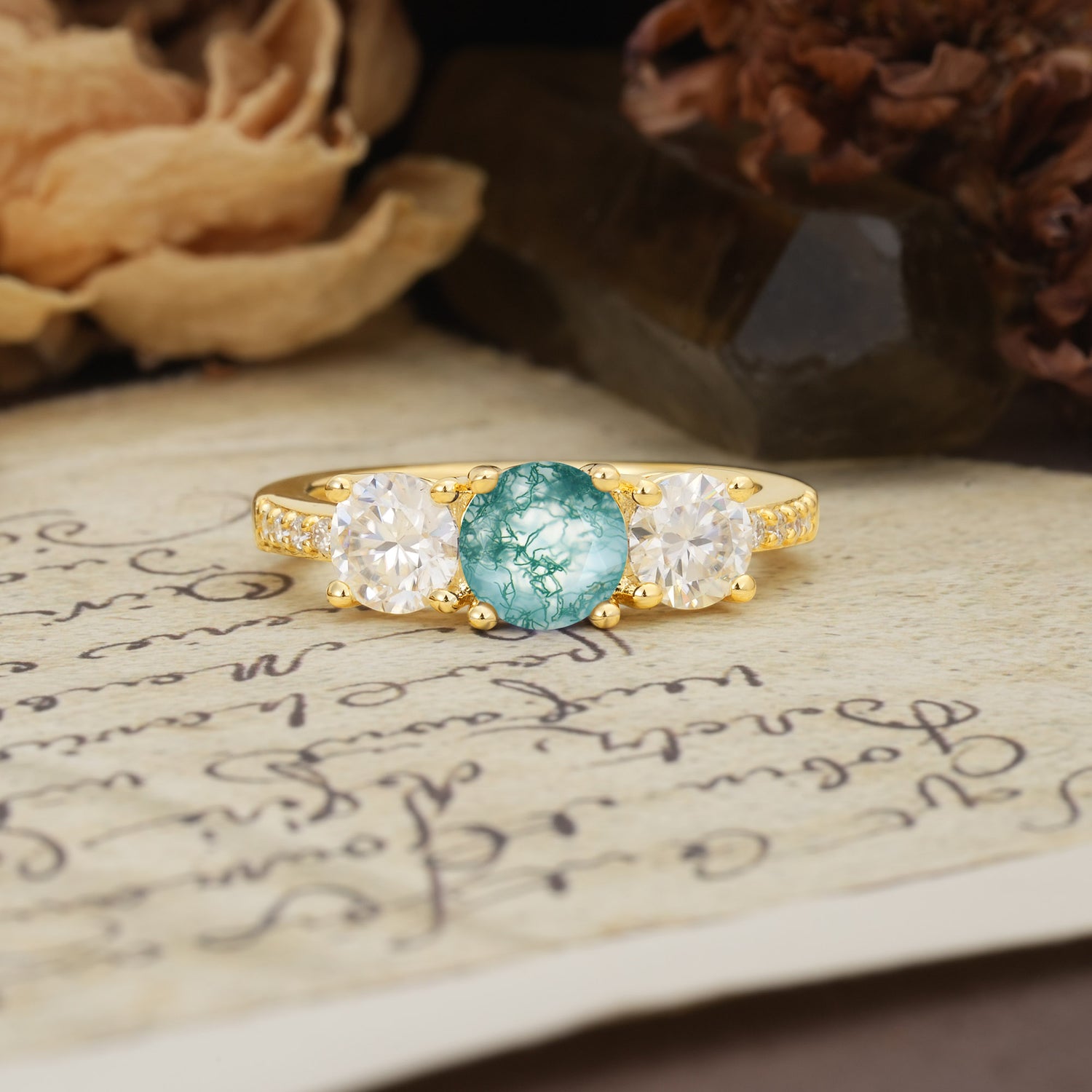 Unique Classic 4-Prong Round Cut Moss Agate Three Stones Wedding Ring