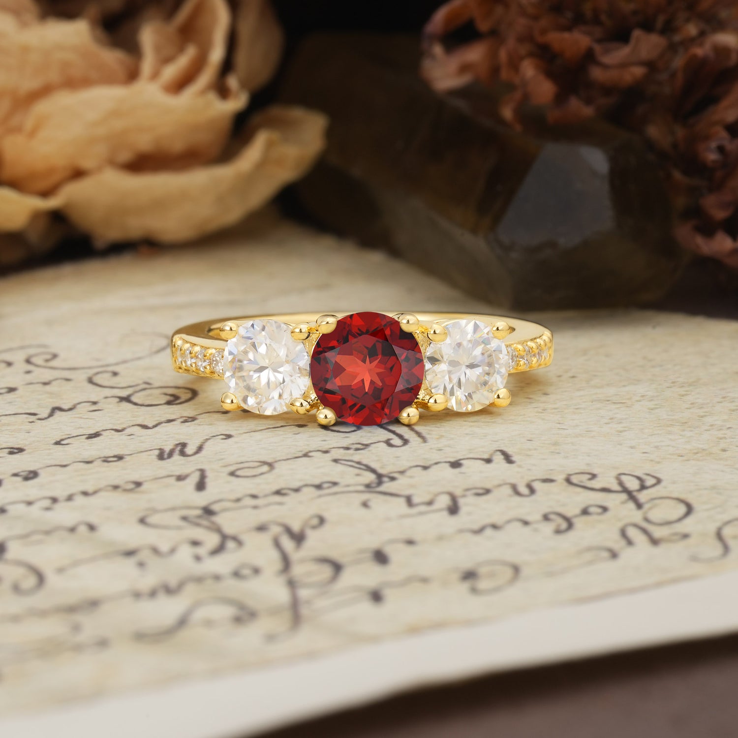 Unique Classic 4-Prong Round Cut Garnet Three Stones Wedding Ring