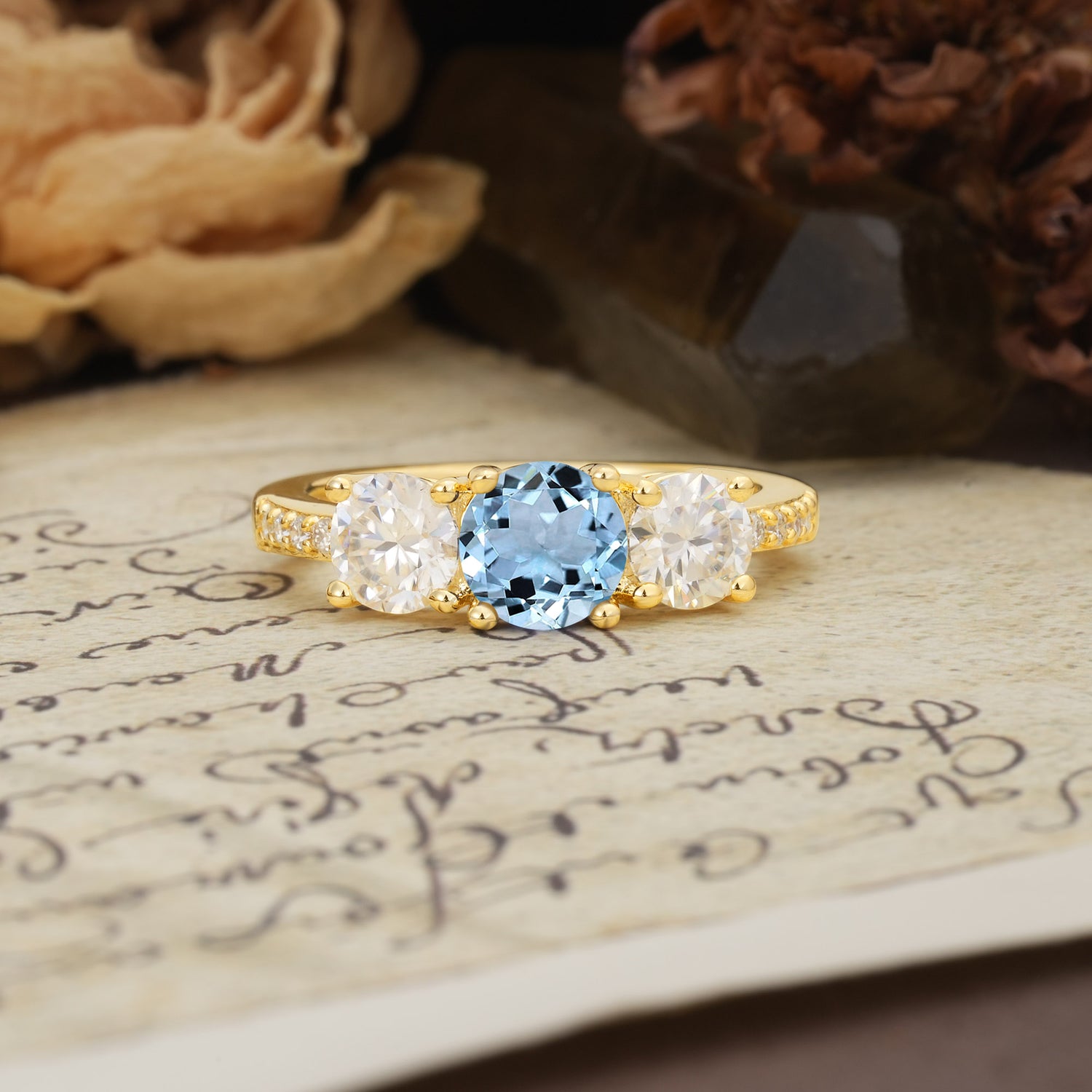 Unique Classic 4-Prong Round Cut Aquamarine Three Stones Wedding Ring