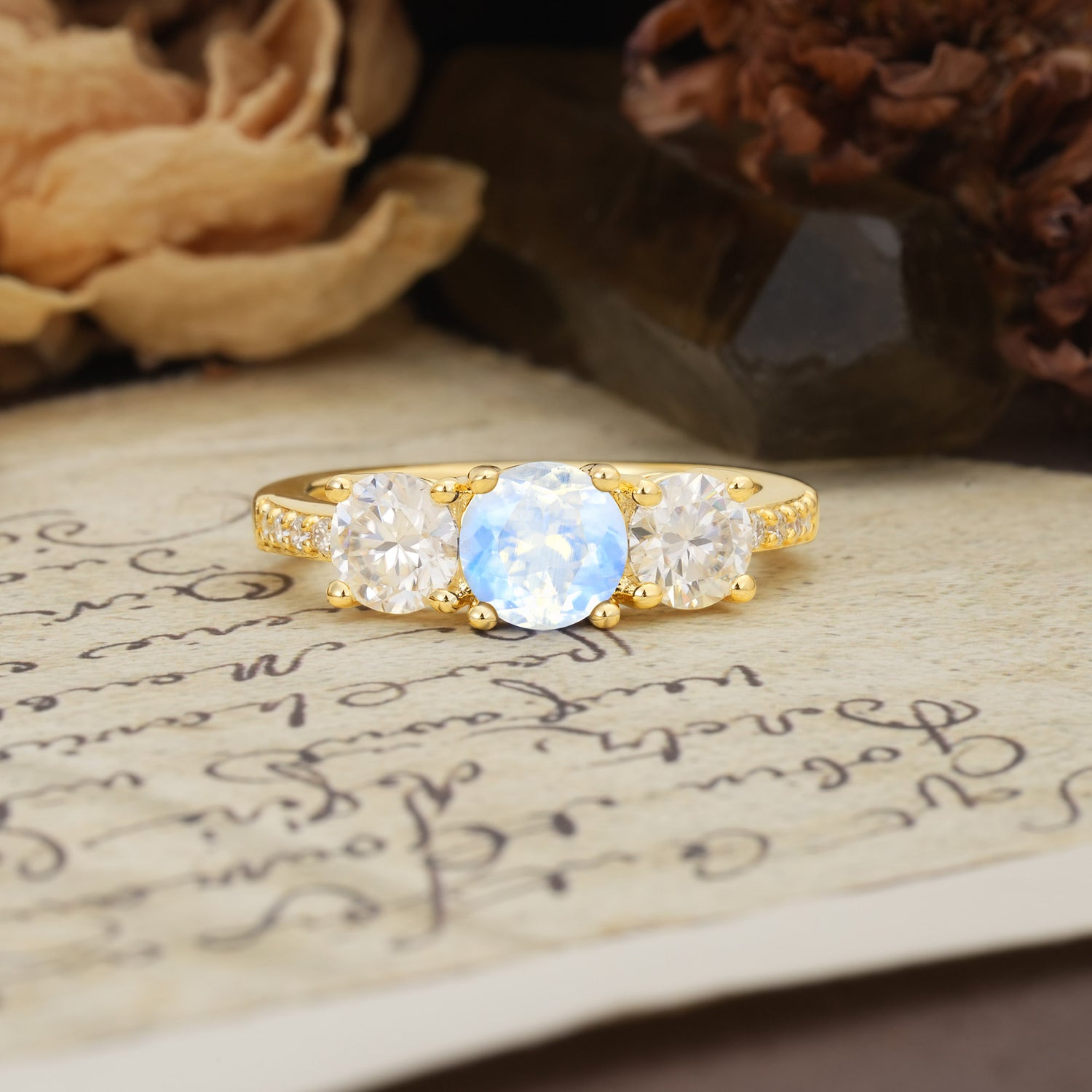 Unique Classic 4-Prong Round Cut Moonstone Three Stones Wedding Ring