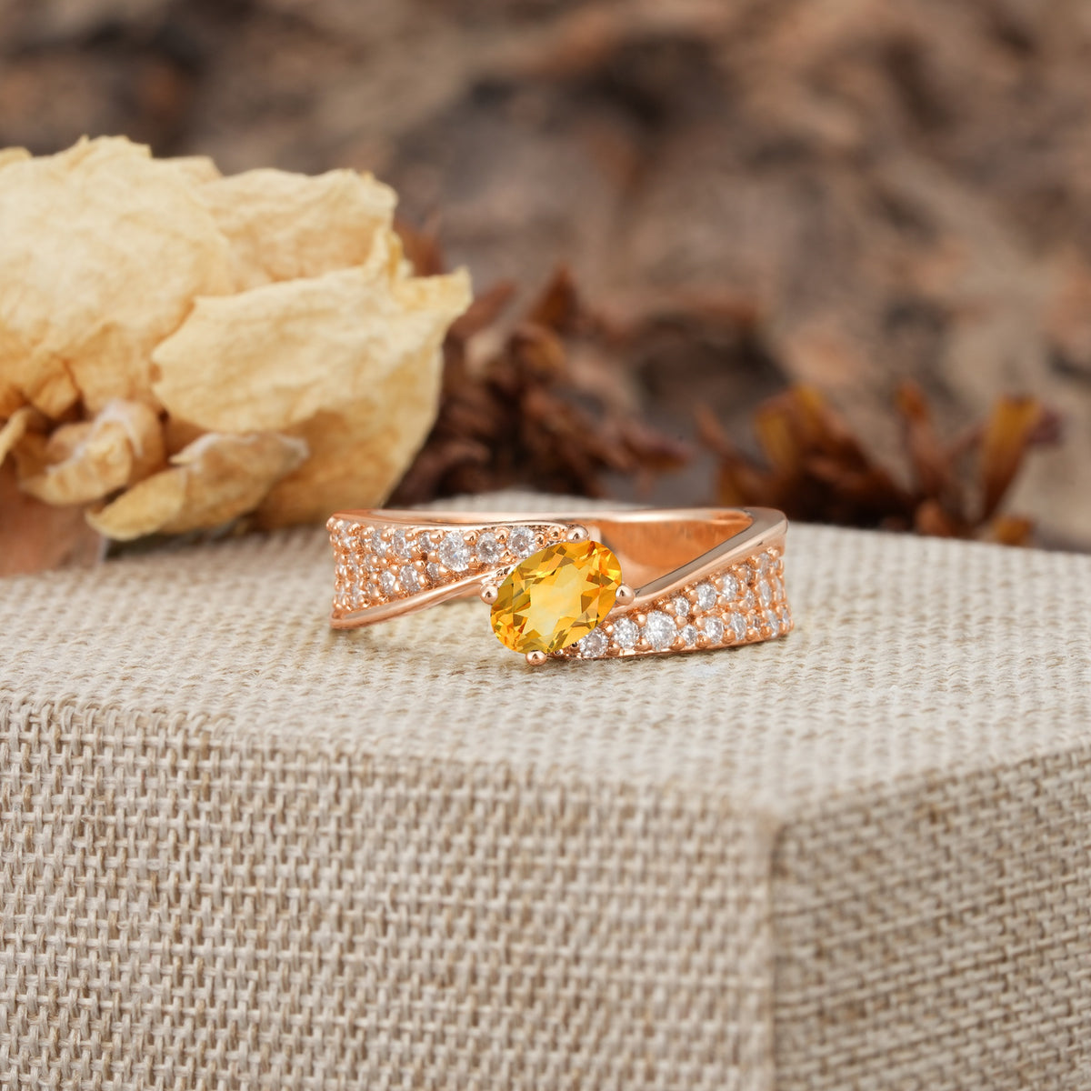 Vintage-Luxury 4-Prong Oval Cut with Pavé Accents Citrine Engagement Ring - Additional view