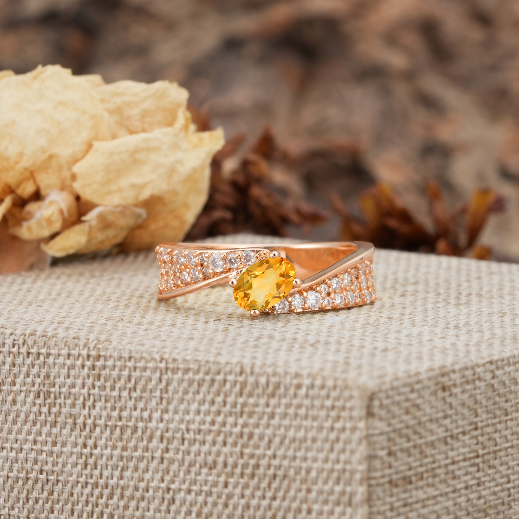 Vintage-Luxury 4-Prong Oval Cut with Pavé Accents Citrine Engagement Ring - Additional view