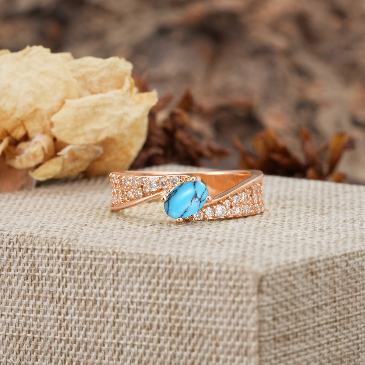Vintage-Luxury 4-Prong Oval Cut with Pavé Accents Turquoise Engagement Ring - Additional view