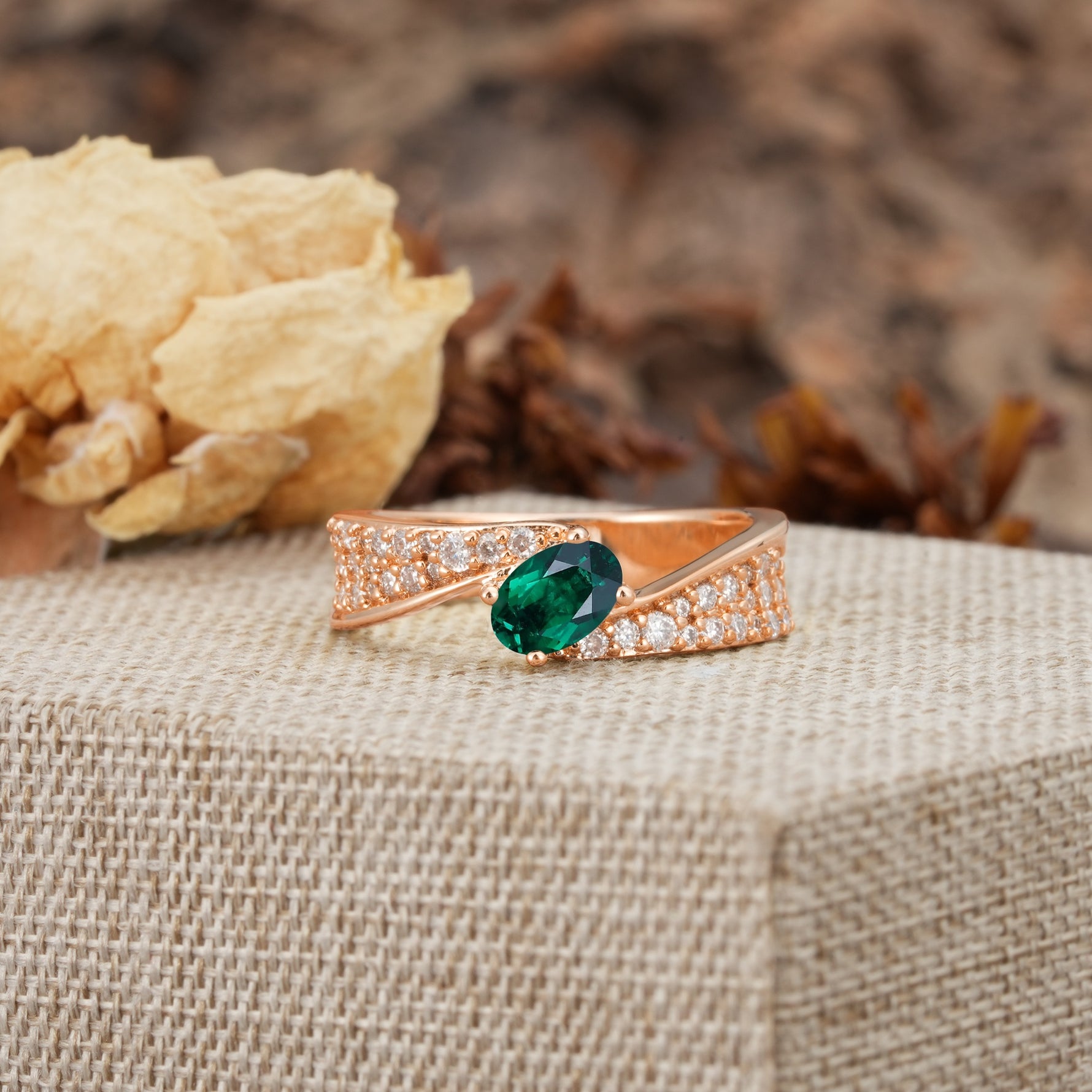 Vintage-Luxury 4-Prong Oval Cut with Pavé Accents Emerald Engagement Ring - Additional view