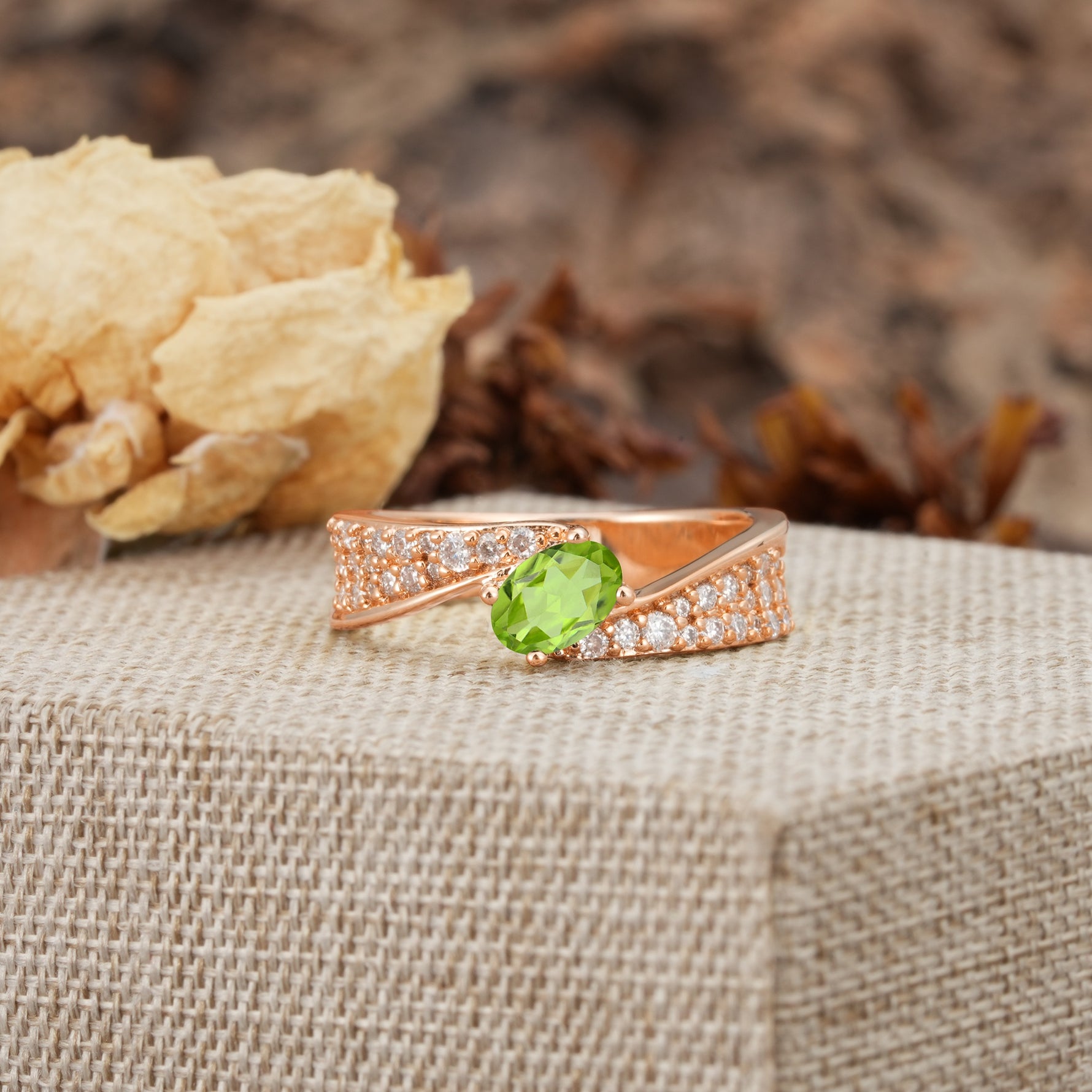 Vintage-Luxury 4-Prong Oval Cut with Pavé Accents Peridot Engagement Ring - Additional view