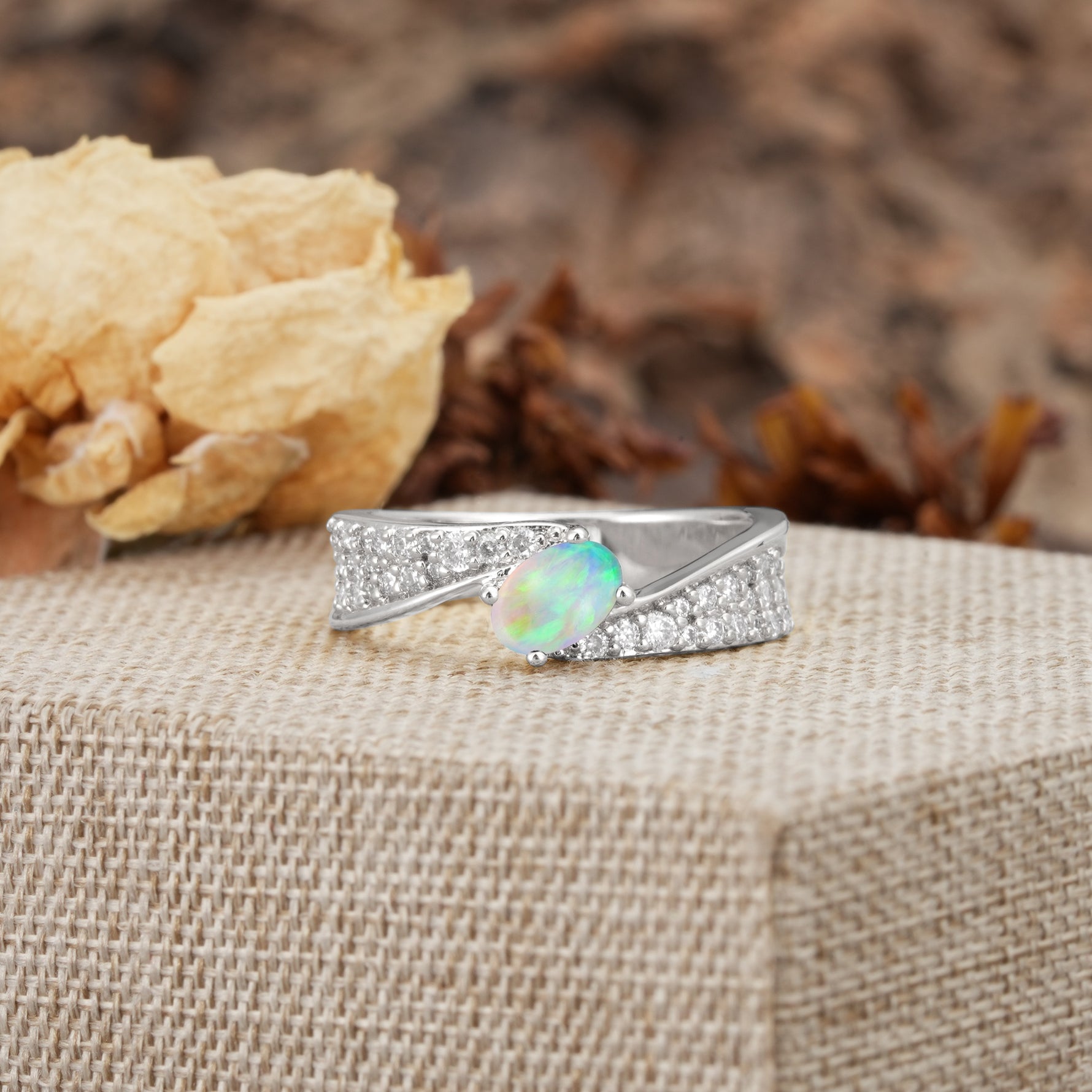 Vintage-Luxury 4-Prong Oval Cut with Pavé Accents Fire Opal Engagement Ring - Additional view