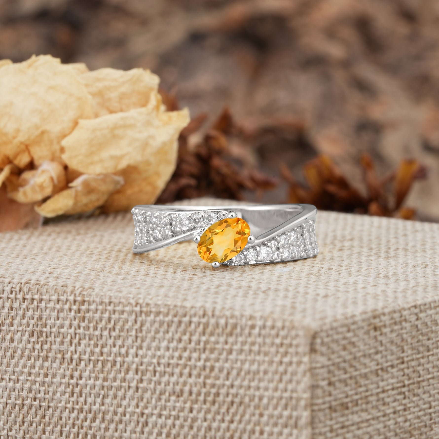 Vintage-Luxury 4-Prong Oval Cut with Pavé Accents Citrine Engagement Ring - Additional view