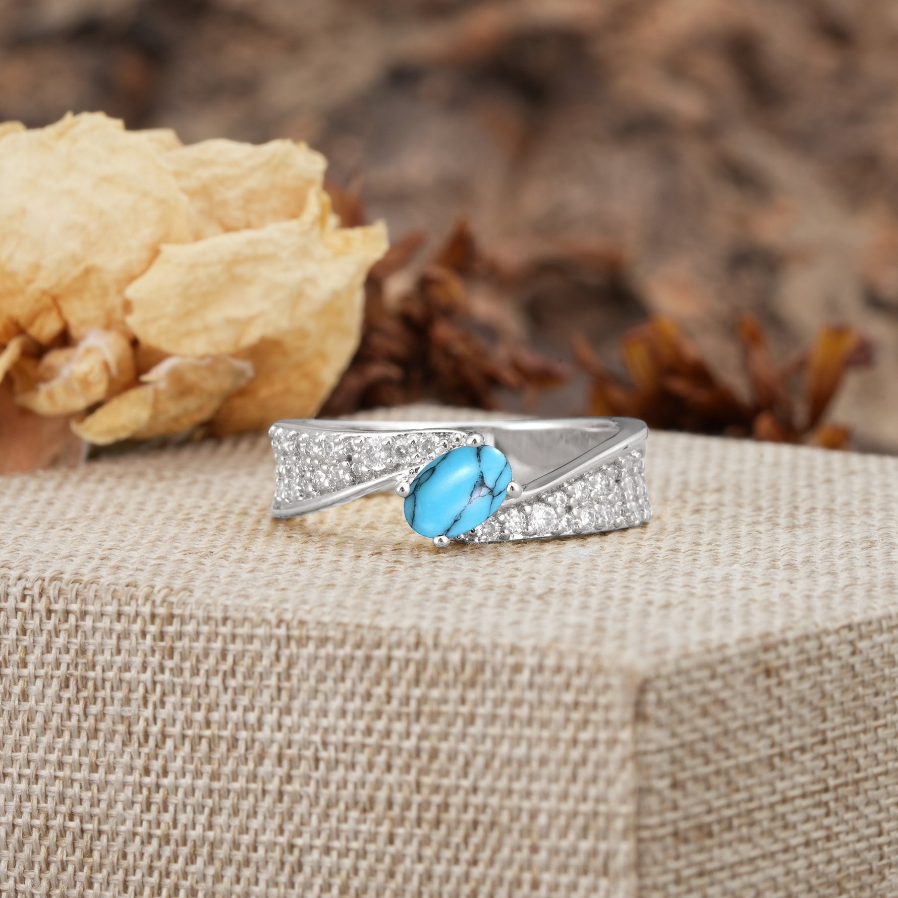 Vintage-Luxury 4-Prong Oval Cut with Pavé Accents Turquoise Engagement Ring - Additional view