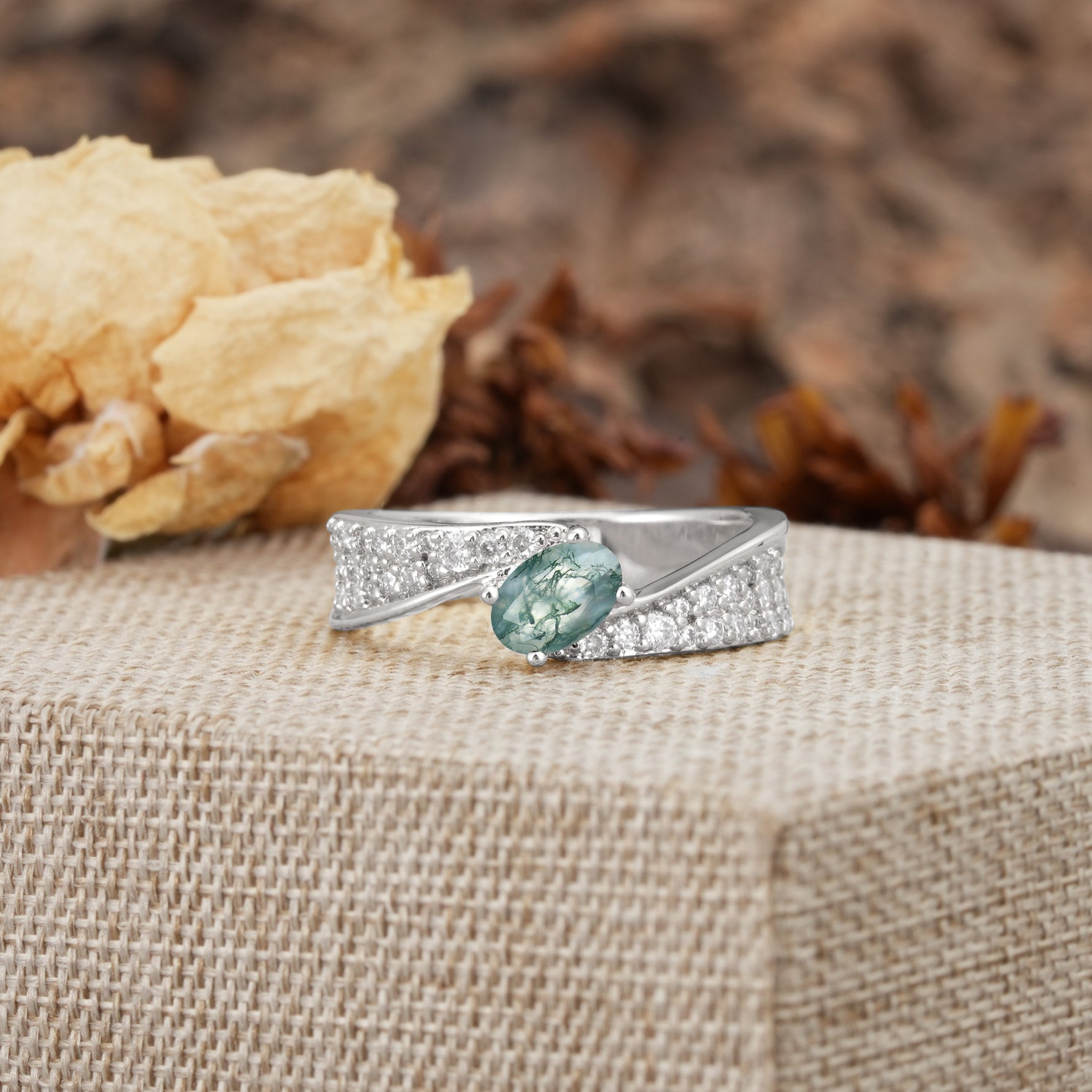 Vintage-Luxury 4-Prong Oval Cut with Pavé Accents Moss Agate Engagement Ring - Additional view