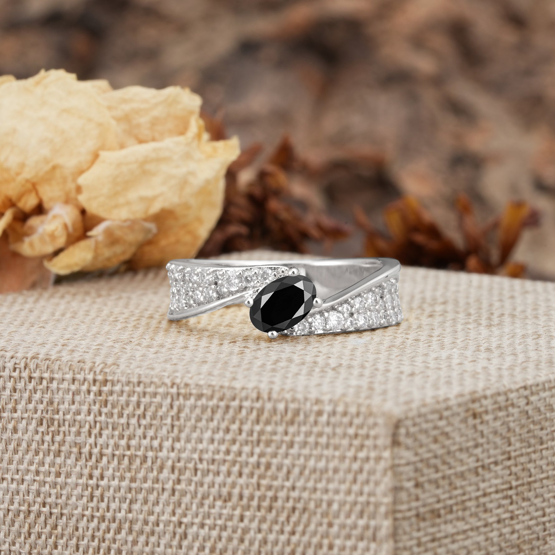 Vintage-Luxury 4-Prong Oval Cut with Pavé Accents Black Onyx Engagement Ring - Additional view