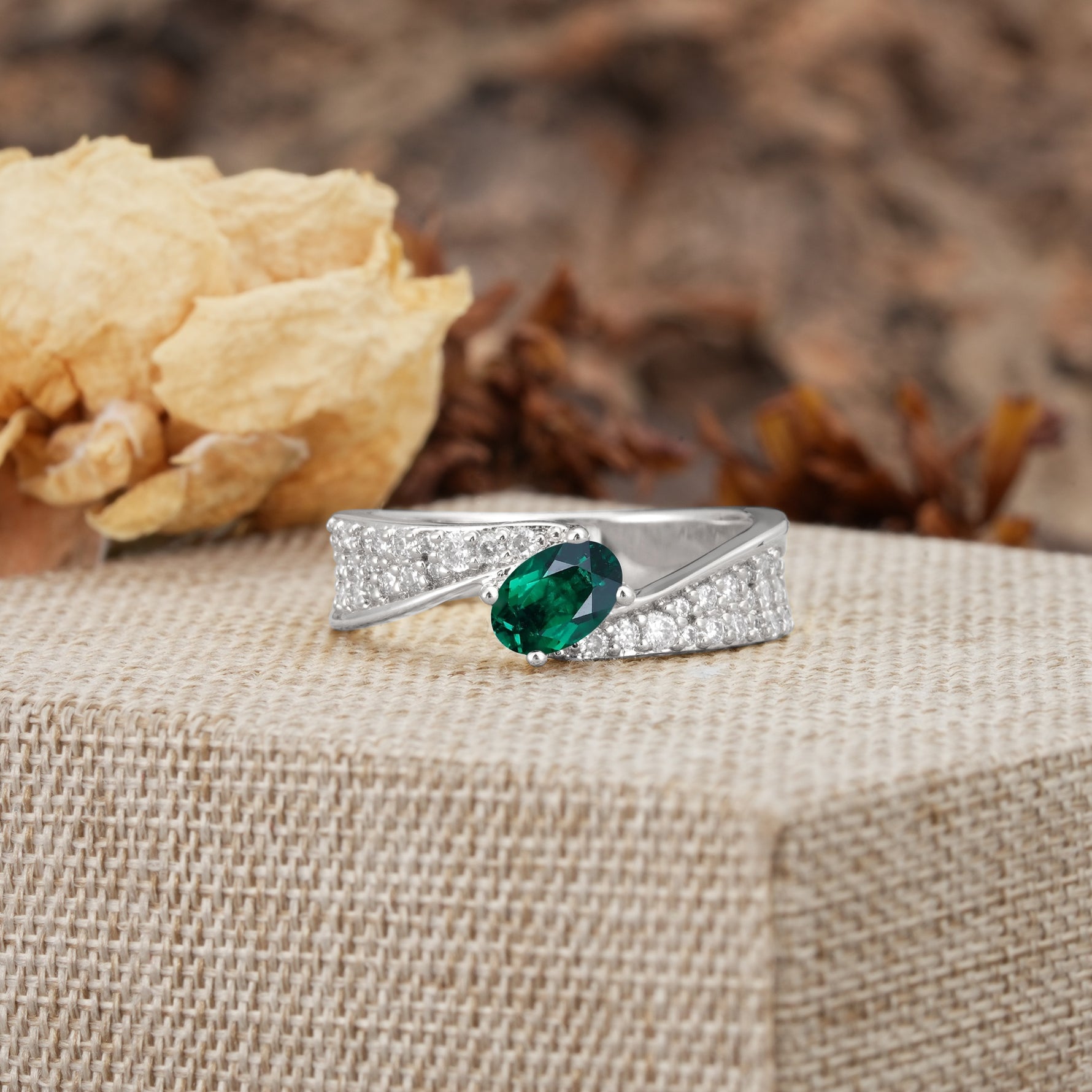 Vintage-Luxury 4-Prong Oval Cut with Pavé Accents Emerald Engagement Ring - Additional view
