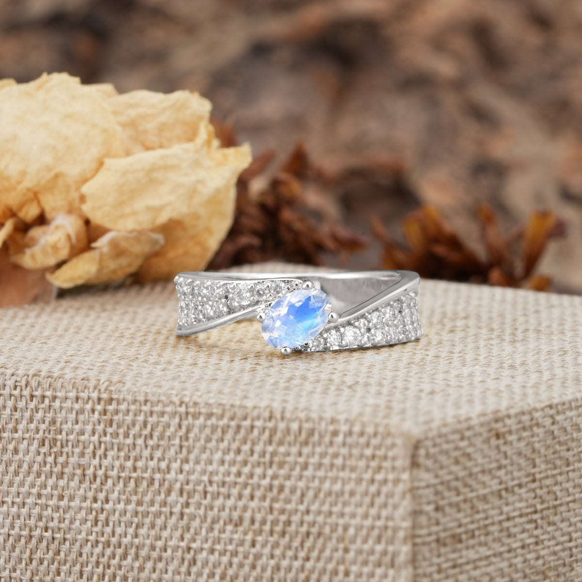 Vintage-Luxury 4-Prong Oval Cut with Pavé Accents Moonstone Engagement Ring - Additional view