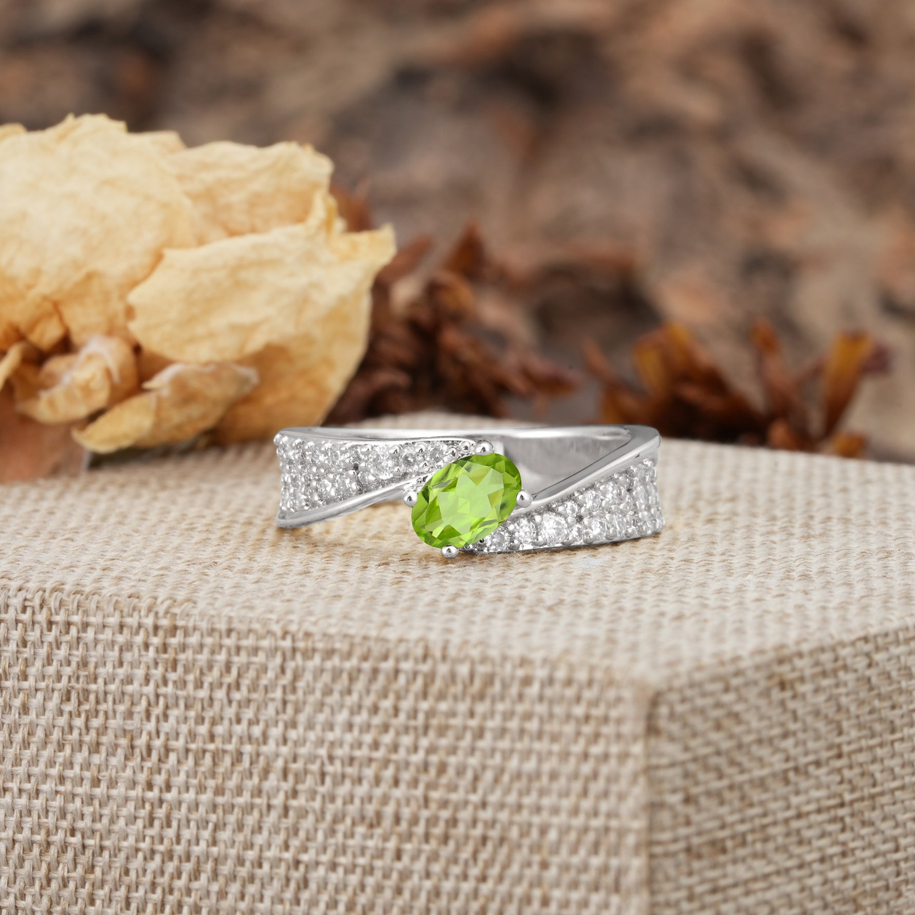 Vintage-Luxury 4-Prong Oval Cut with Pavé Accents Peridot Engagement Ring - Additional view