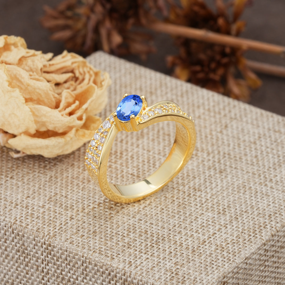 Vintage-Luxury 4-Prong Oval Cut with Pavé Accents Sapphire Engagement Ring - Additional view