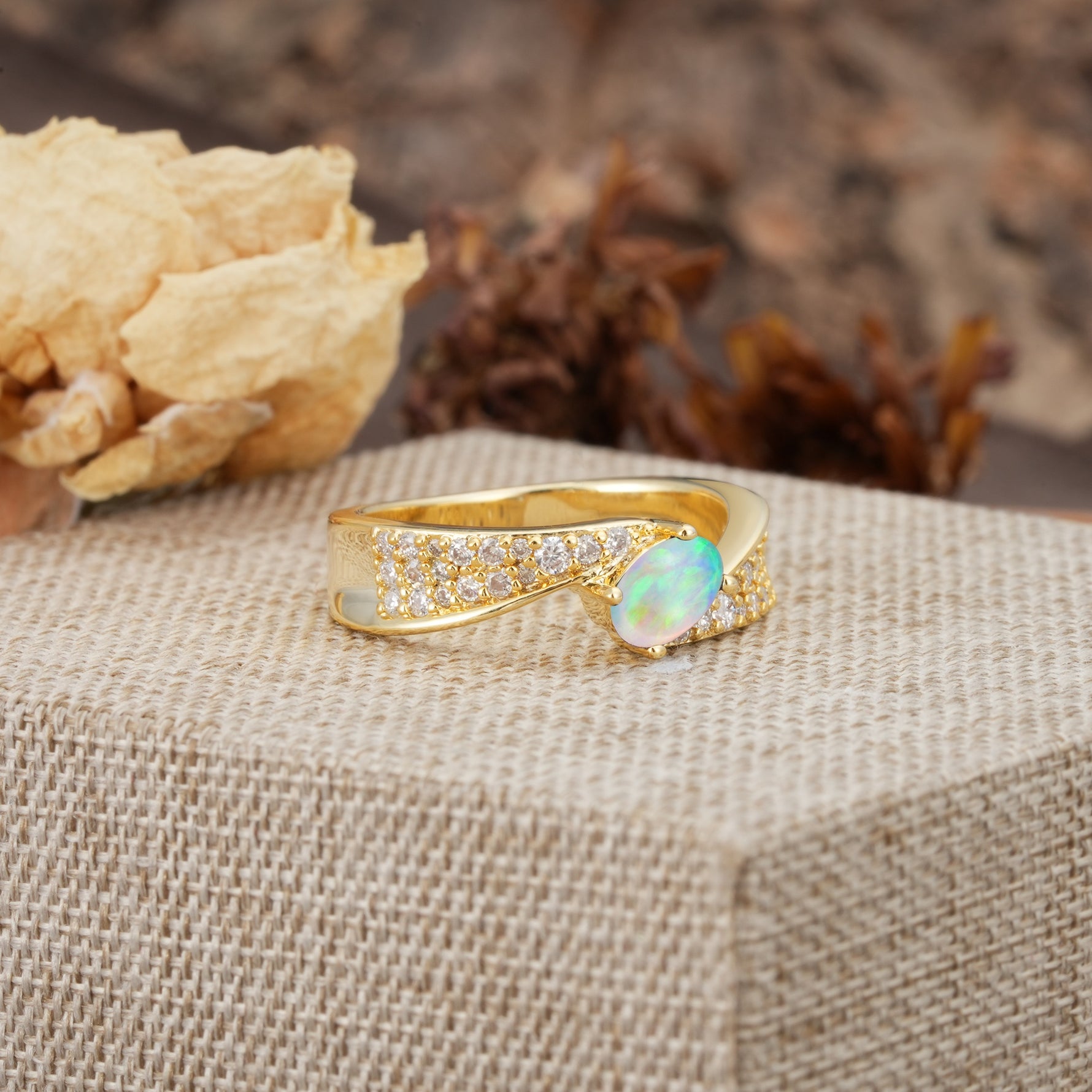 Vintage-Luxury 4-Prong Oval Cut with Pavé Accents Fire Opal Engagement Ring - Additional view