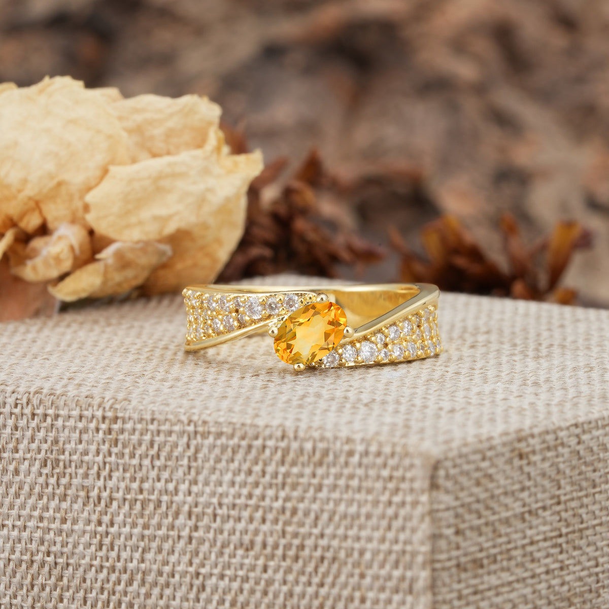 Vintage-Luxury 4-Prong Oval Cut with Pavé Accents Citrine Engagement Ring - Additional view