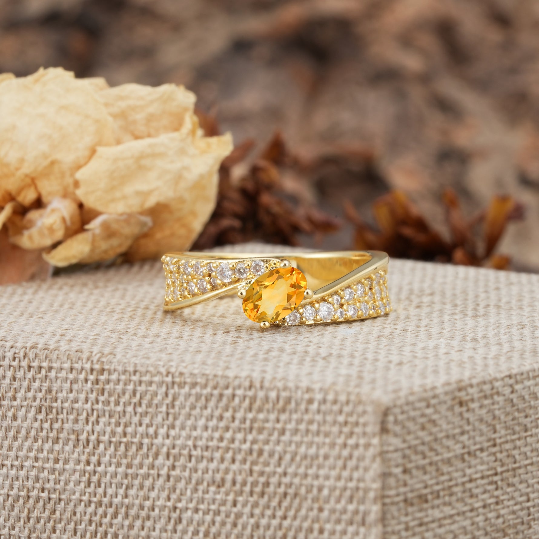Vintage-Luxury 4-Prong Oval Cut with Pavé Accents Citrine Engagement Ring - Additional view
