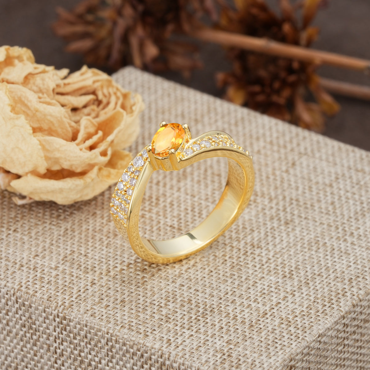 Vintage-Luxury 4-Prong Oval Cut with Pavé Accents Citrine Engagement Ring - Additional view