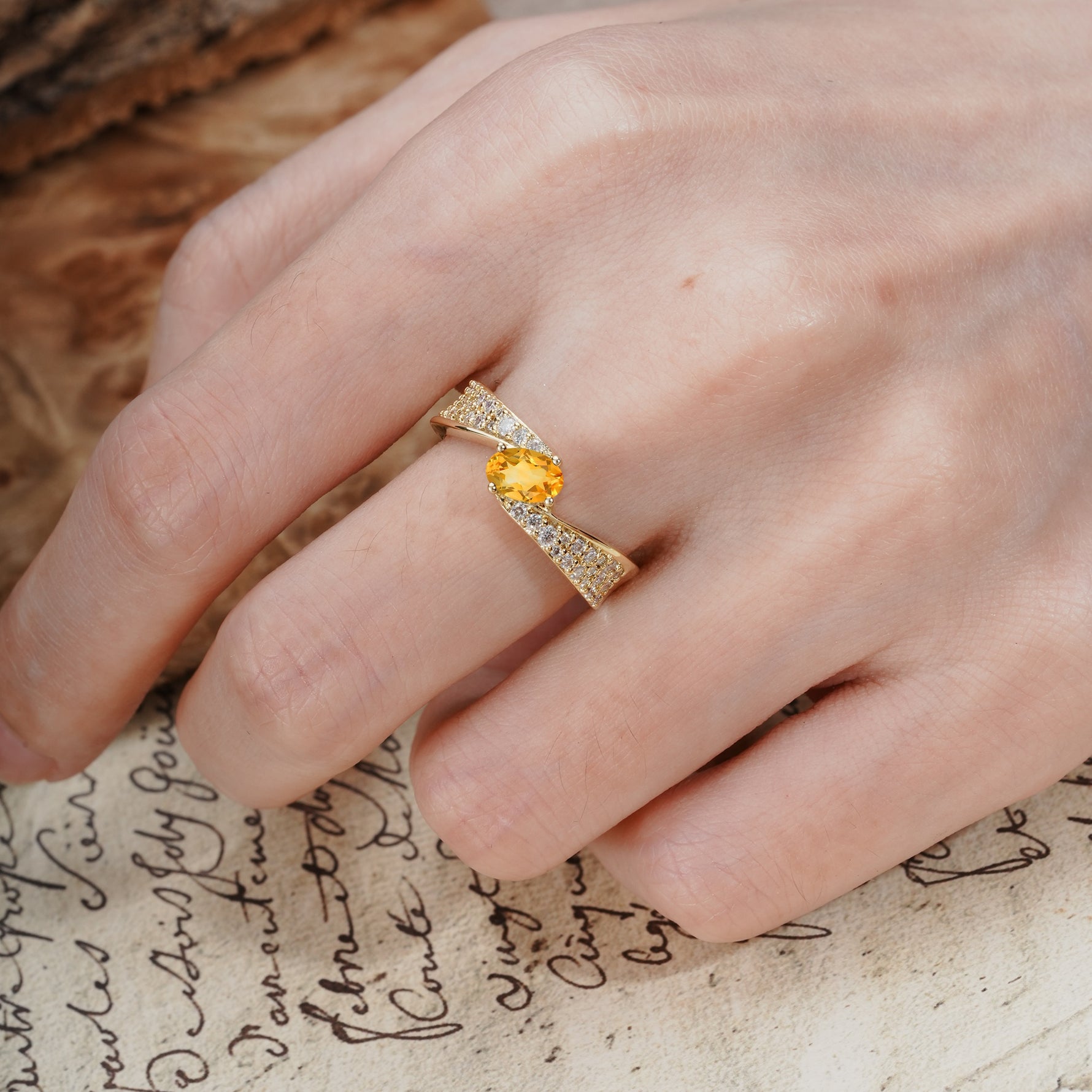 Vintage-Luxury 4-Prong Oval Cut with Pavé Accents Citrine Engagement Ring - Additional view