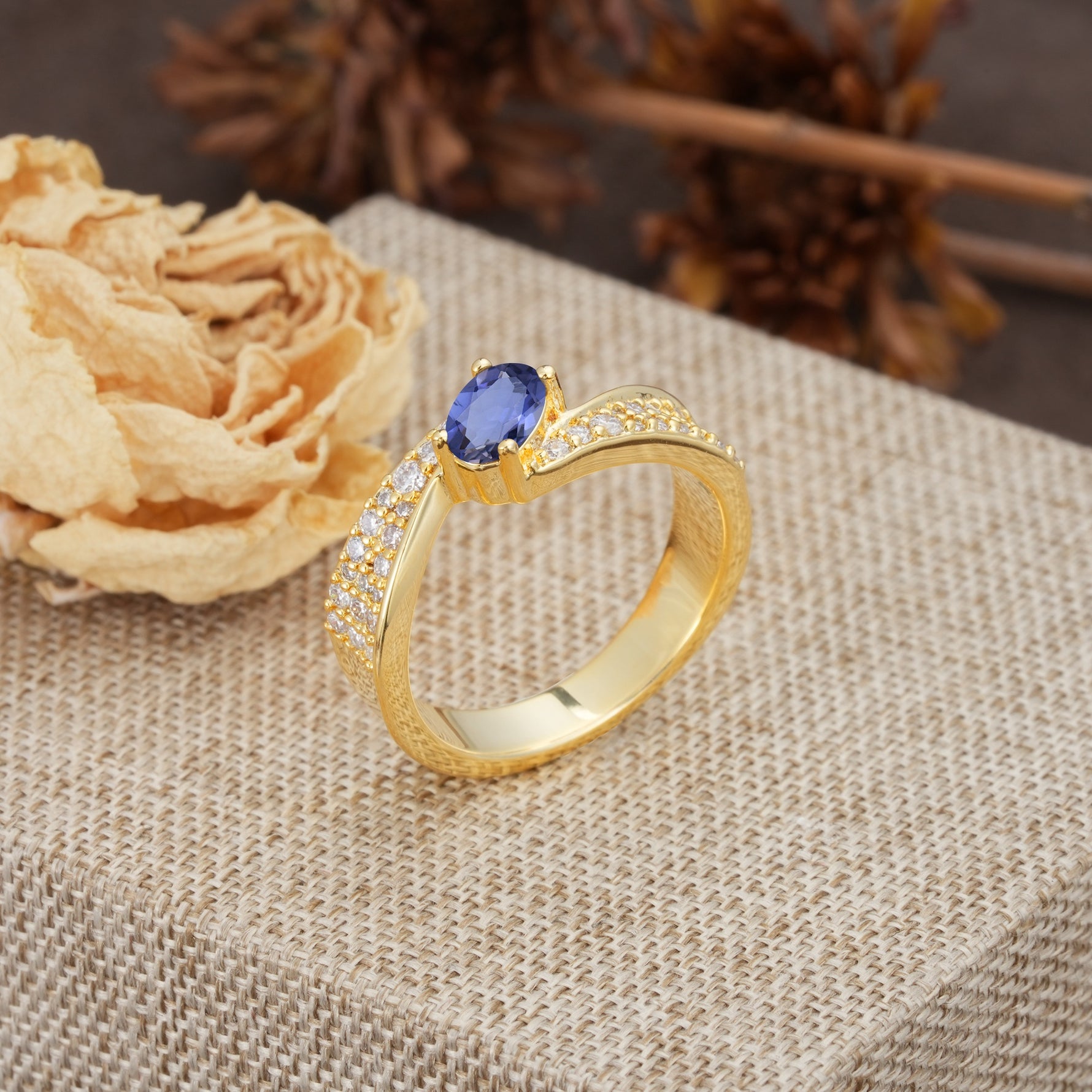 Vintage-Luxury 4-Prong Oval Cut with Pavé Accents Tanzanite Engagement Ring - Additional view