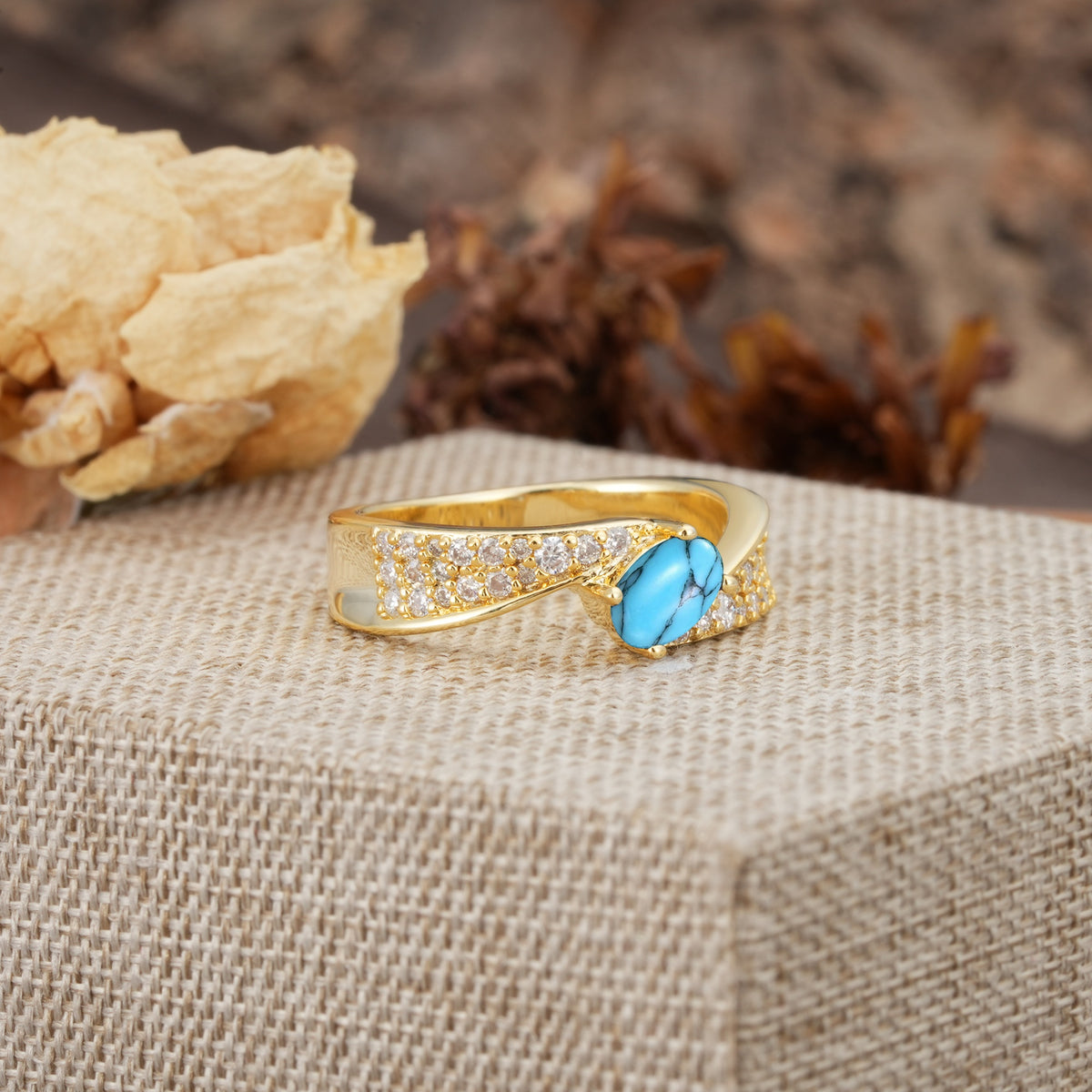 Vintage-Luxury 4-Prong Oval Cut with Pavé Accents Turquoise Engagement Ring - Additional view
