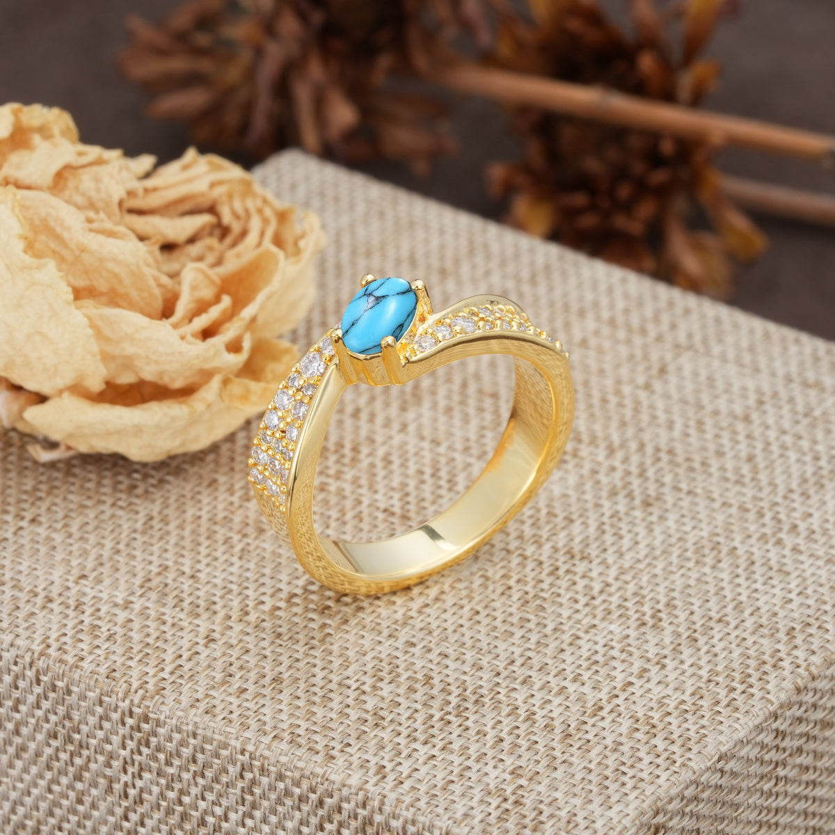 Vintage-Luxury 4-Prong Oval Cut with Pavé Accents Turquoise Engagement Ring - Additional view