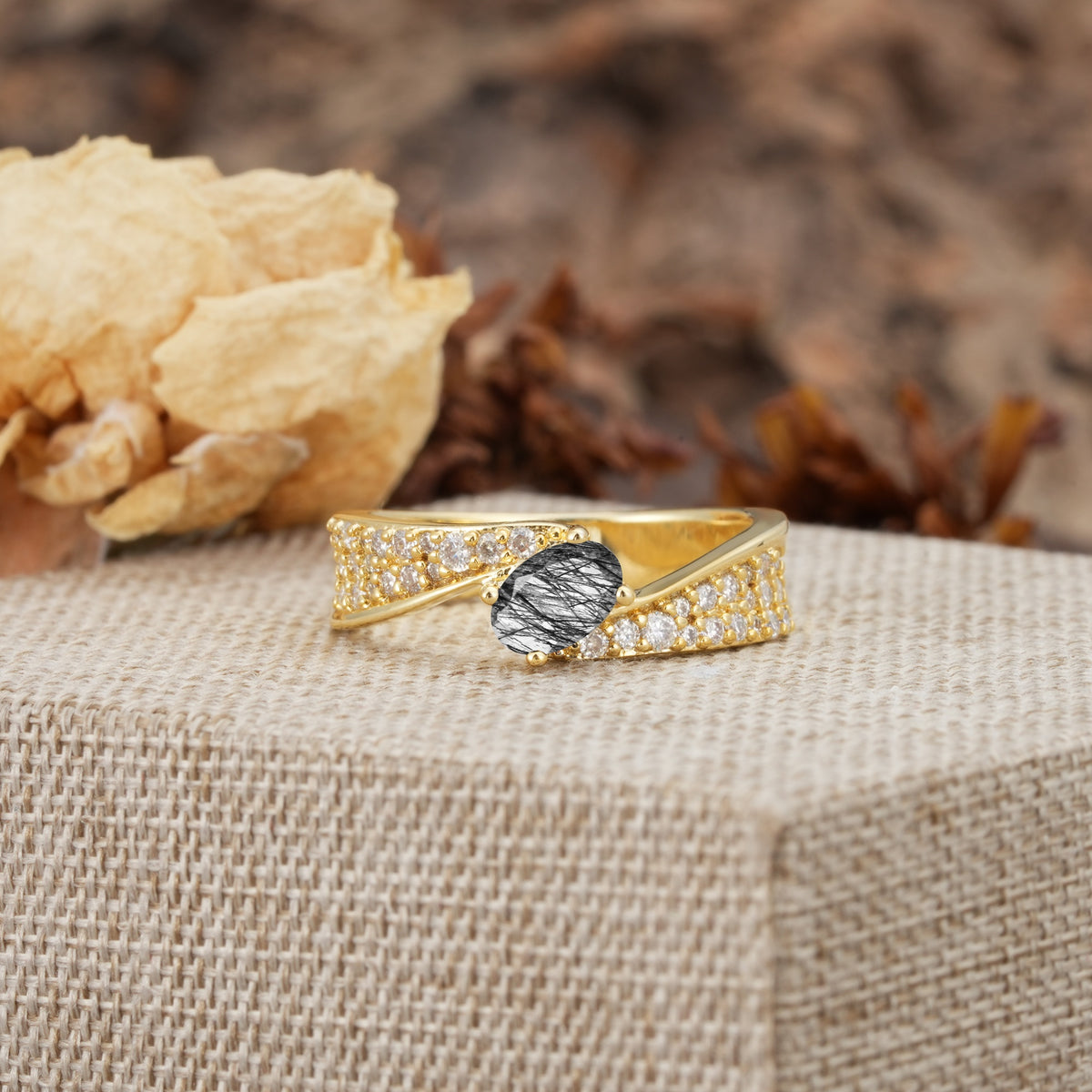 Vintage-Luxury 4-Prong Oval Cut with Pavé Accents Black Rutilated Quartz Engagement Ring - Additional view