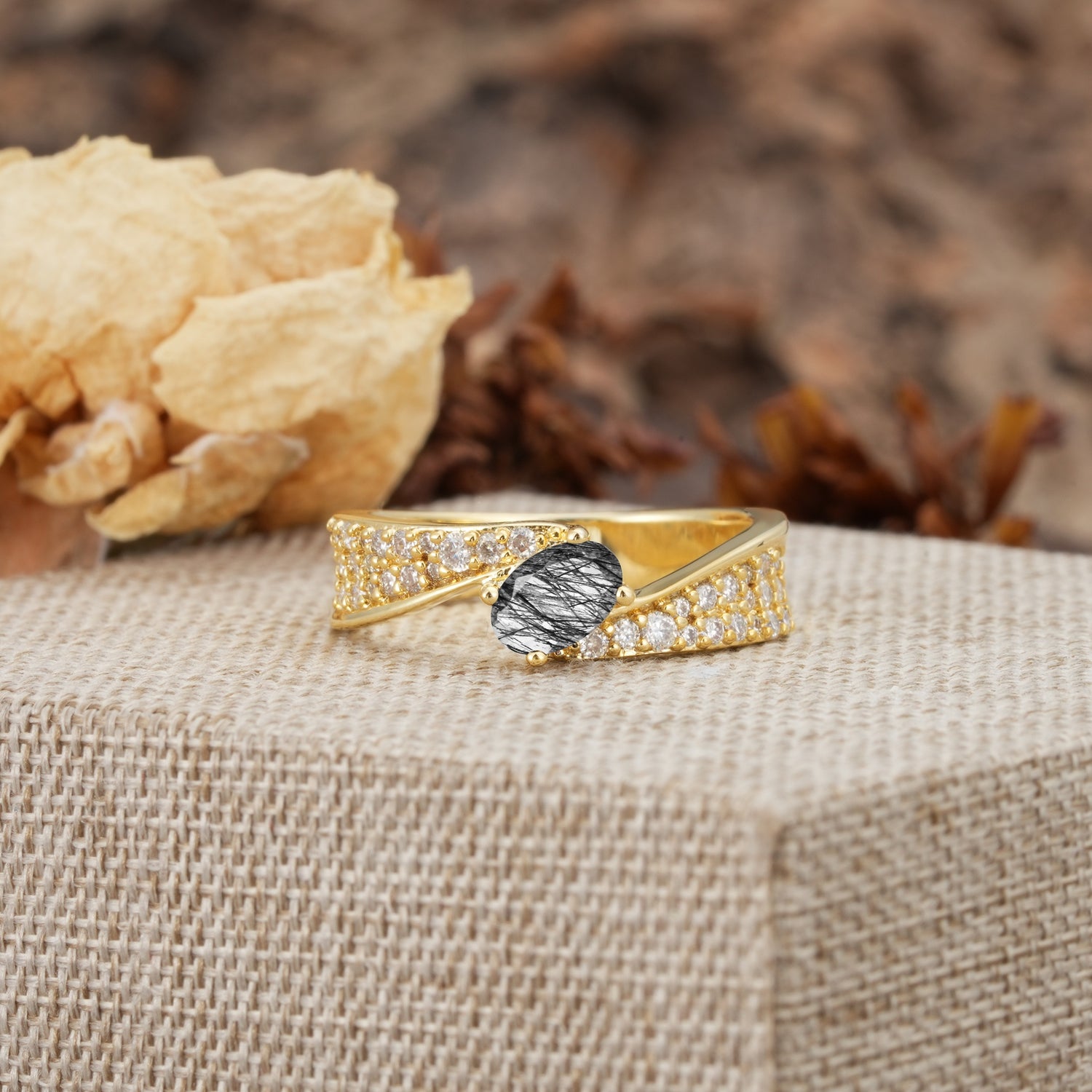 Vintage-Luxury 4-Prong Oval Cut with Pavé Accents Black Rutilated Quartz Engagement Ring - Additional view