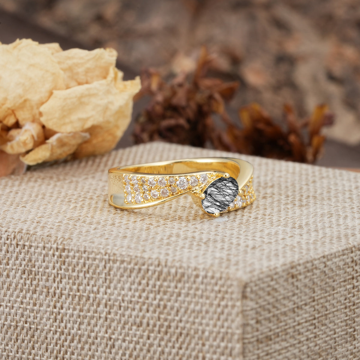 Vintage-Luxury 4-Prong Oval Cut with Pavé Accents Black Rutilated Quartz Engagement Ring - Additional view