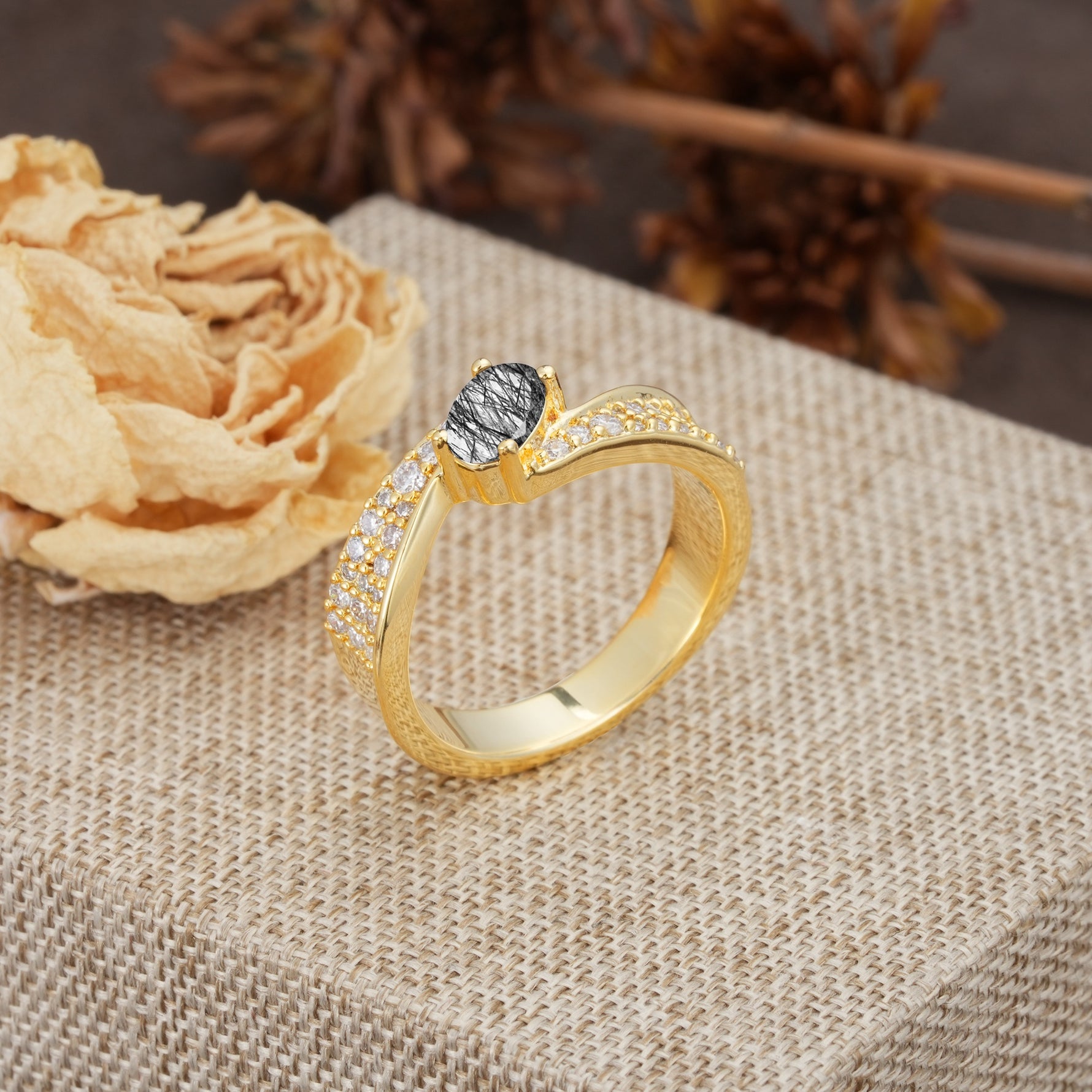Vintage-Luxury 4-Prong Oval Cut with Pavé Accents Black Rutilated Quartz Engagement Ring - Additional view