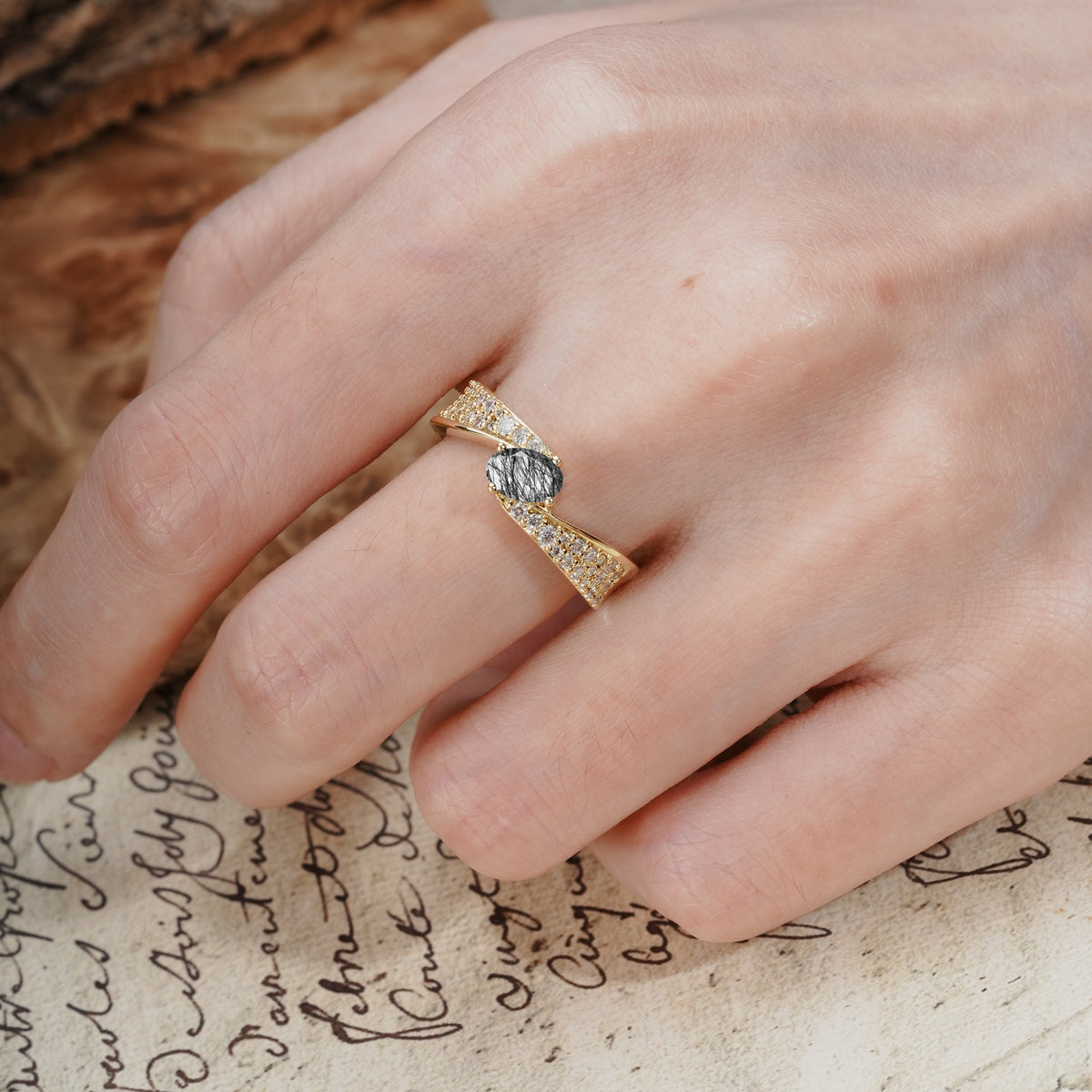 Vintage-Luxury 4-Prong Oval Cut with Pavé Accents Black Rutilated Quartz Engagement Ring - Additional view