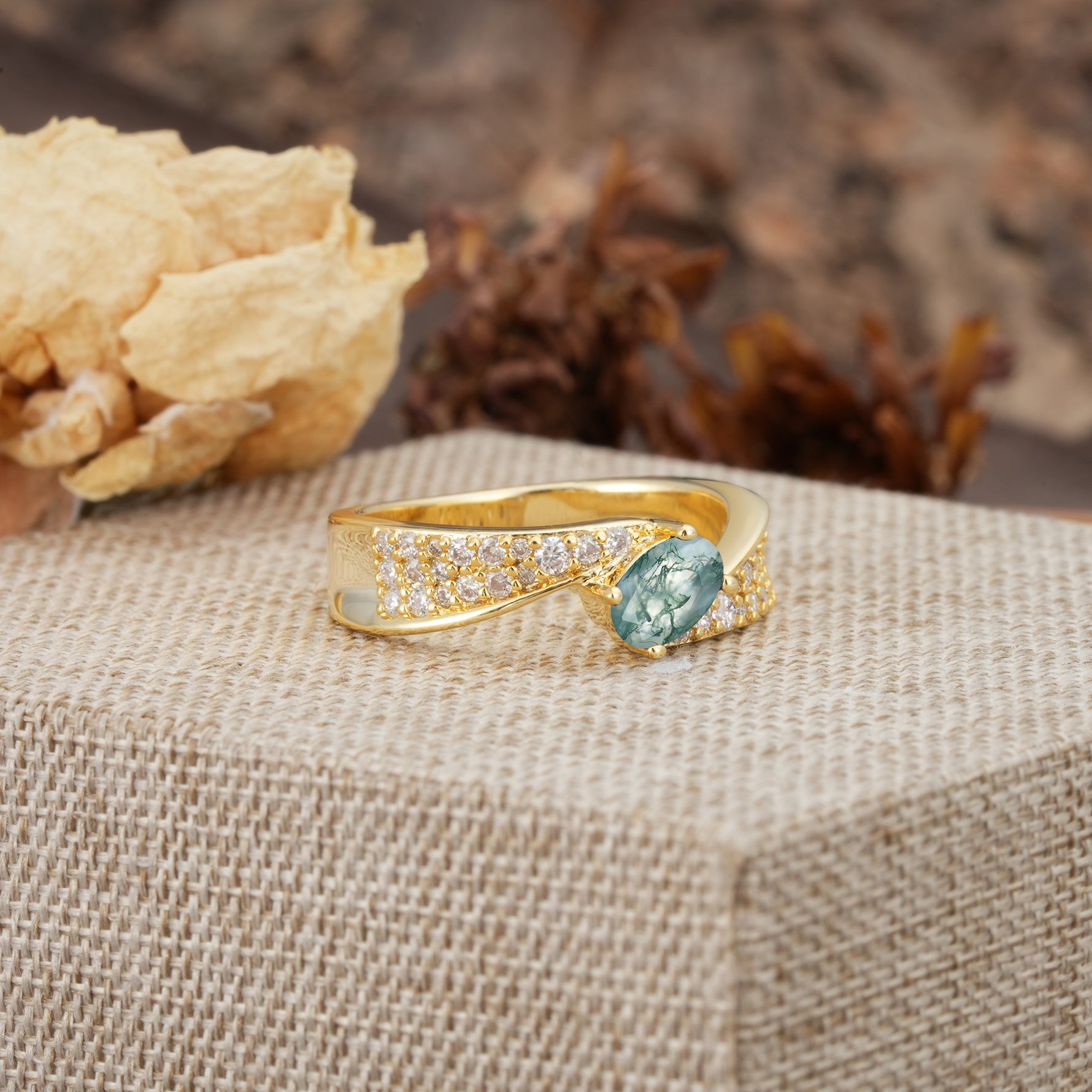 Vintage-Luxury 4-Prong Oval Cut with Pavé Accents Moss Agate Engagement Ring - Additional view