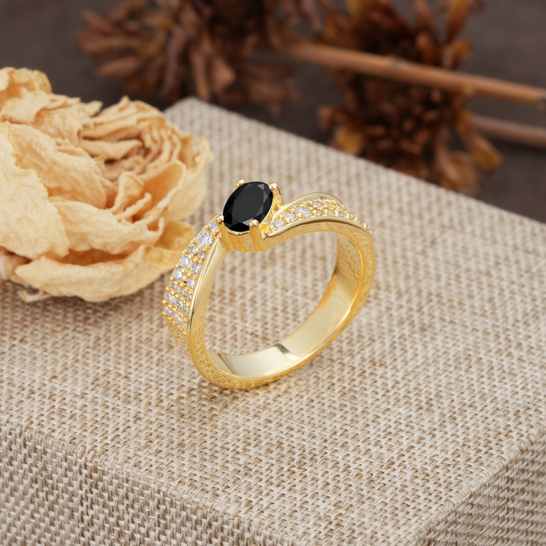 Vintage-Luxury 4-Prong Oval Cut with Pavé Accents Black Onyx Engagement Ring - Additional view