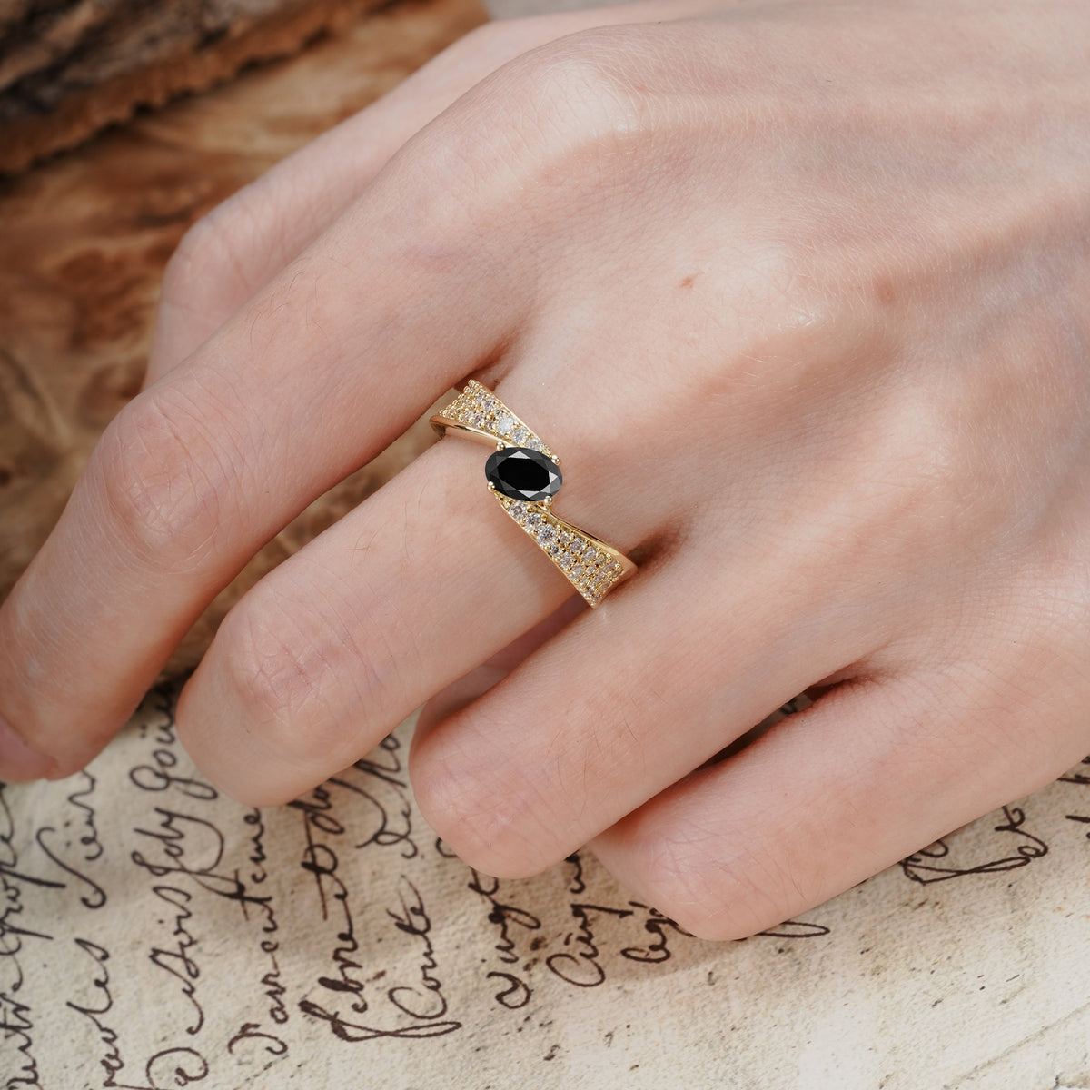 Vintage-Luxury 4-Prong Oval Cut with Pavé Accents Black Onyx Engagement Ring - Additional view