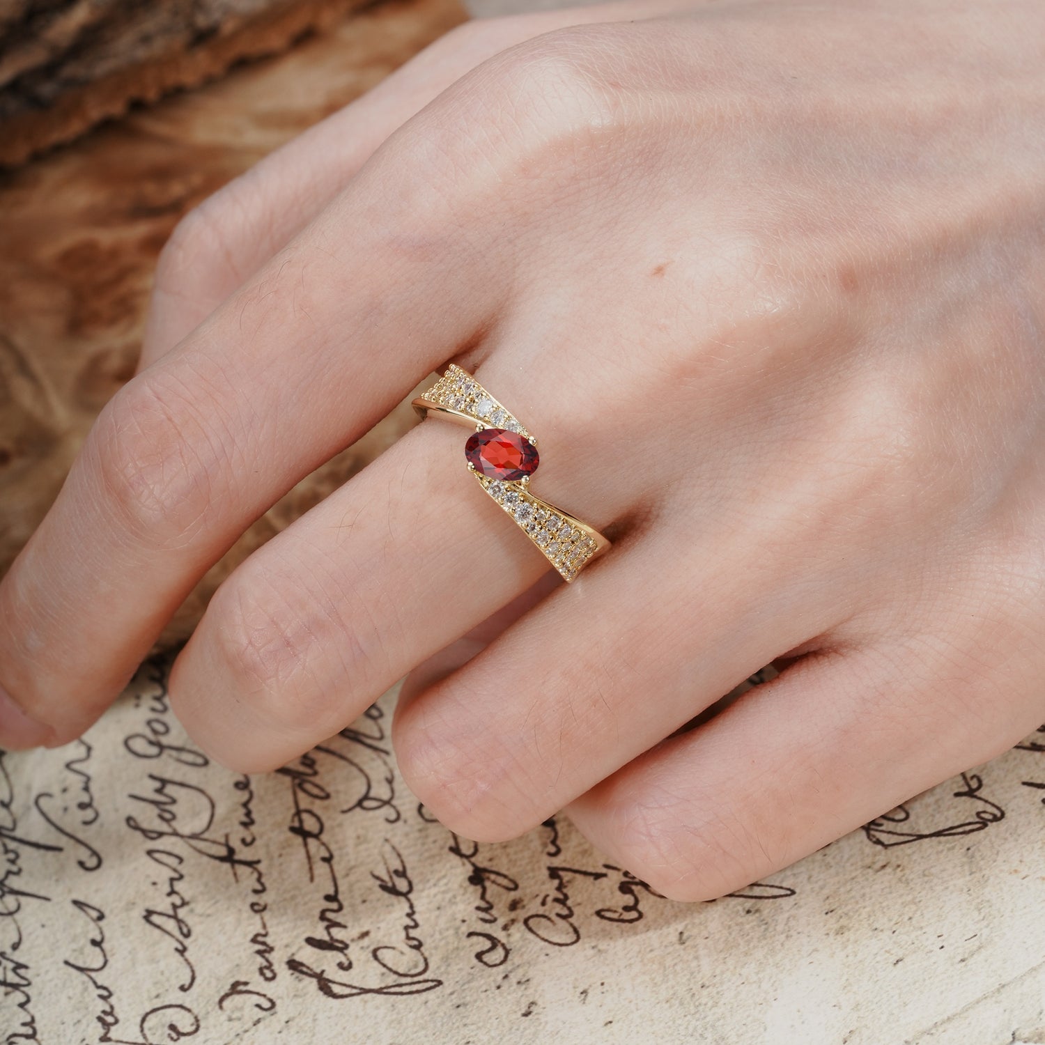 Vintage-Luxury 4-Prong Oval Cut with Pavé Accents Garnet Engagement Ring - Additional view