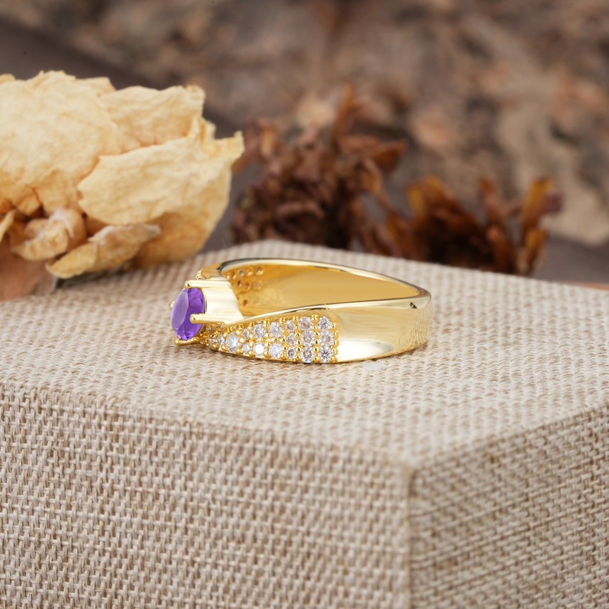 Vintage-Luxury 4-Prong Oval Cut with Pavé Accents Amethyst Engagement Ring - Additional view