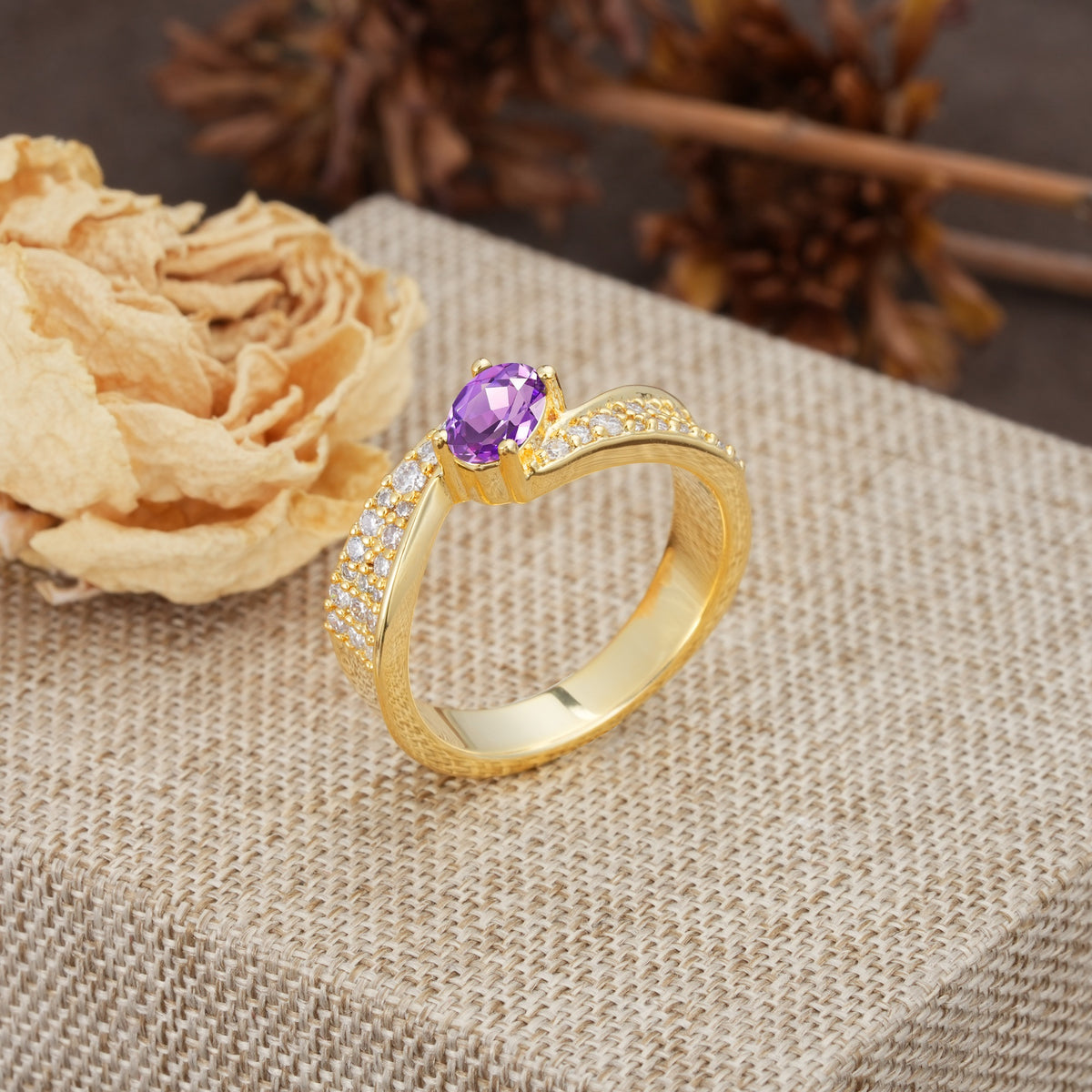 Vintage-Luxury 4-Prong Oval Cut with Pavé Accents Amethyst Engagement Ring - Additional view