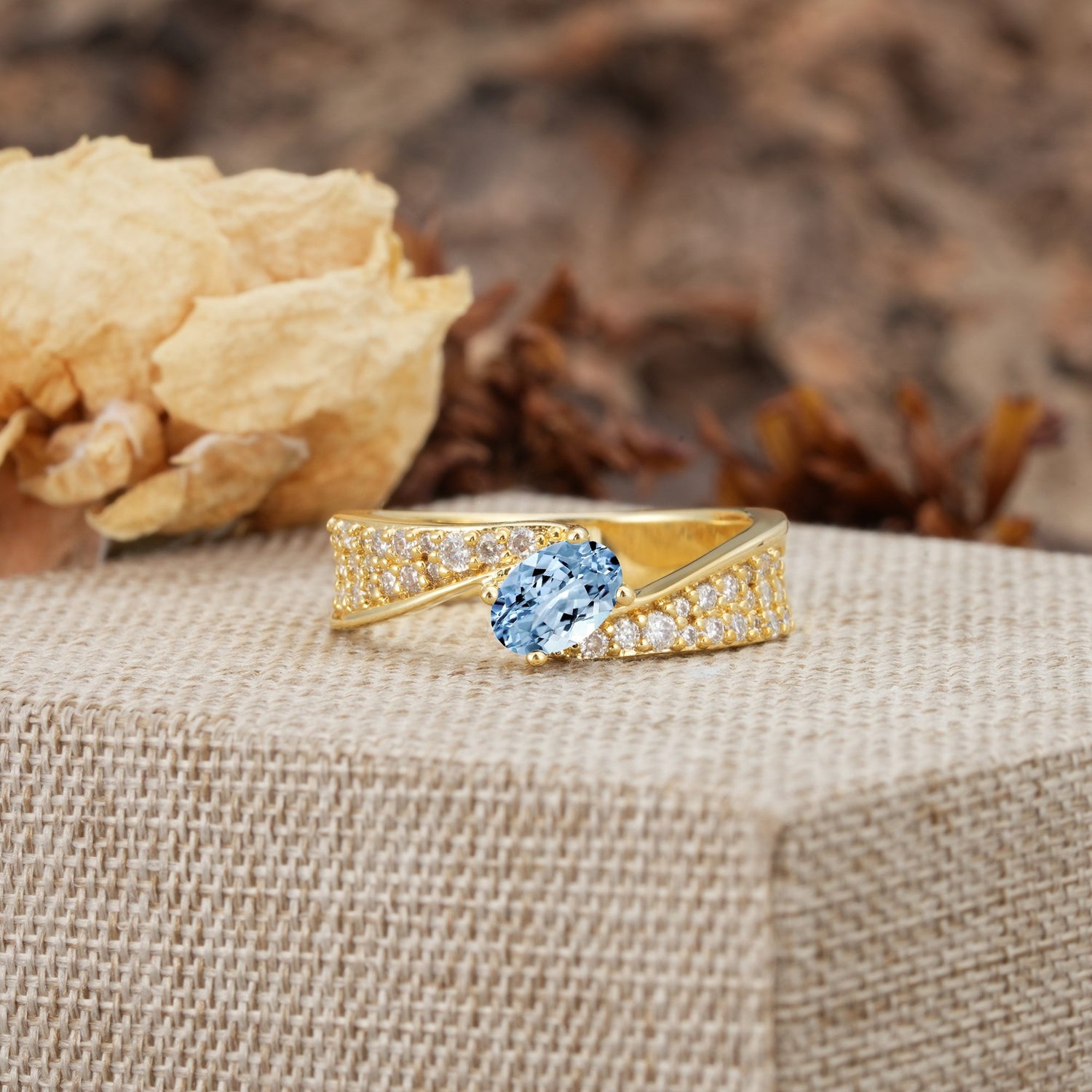 Vintage-Luxury 4-Prong Oval Cut with Pavé Accents Aquamarine Engagement Ring