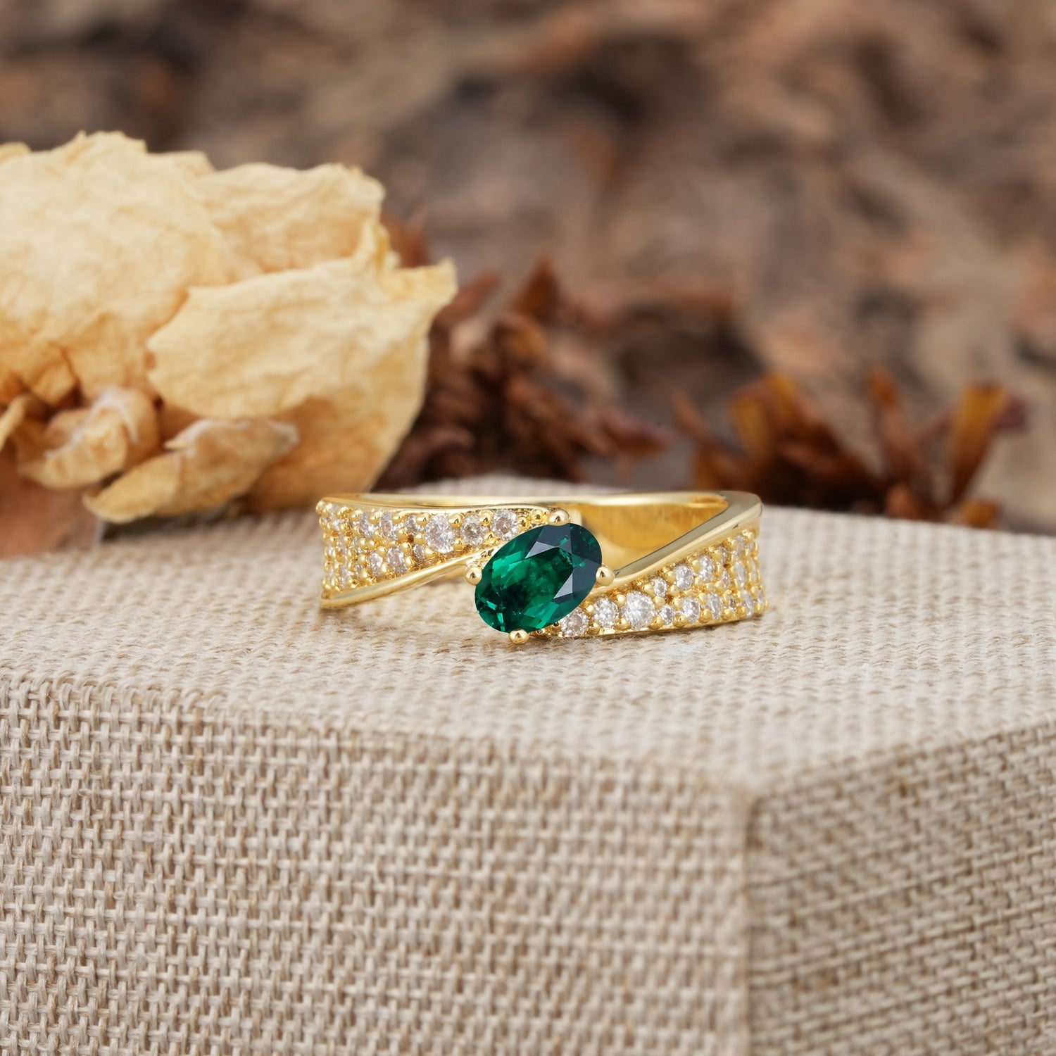 Vintage-Luxury 4-Prong Oval Cut with Pavé Accents Emerald Engagement Ring - Additional view