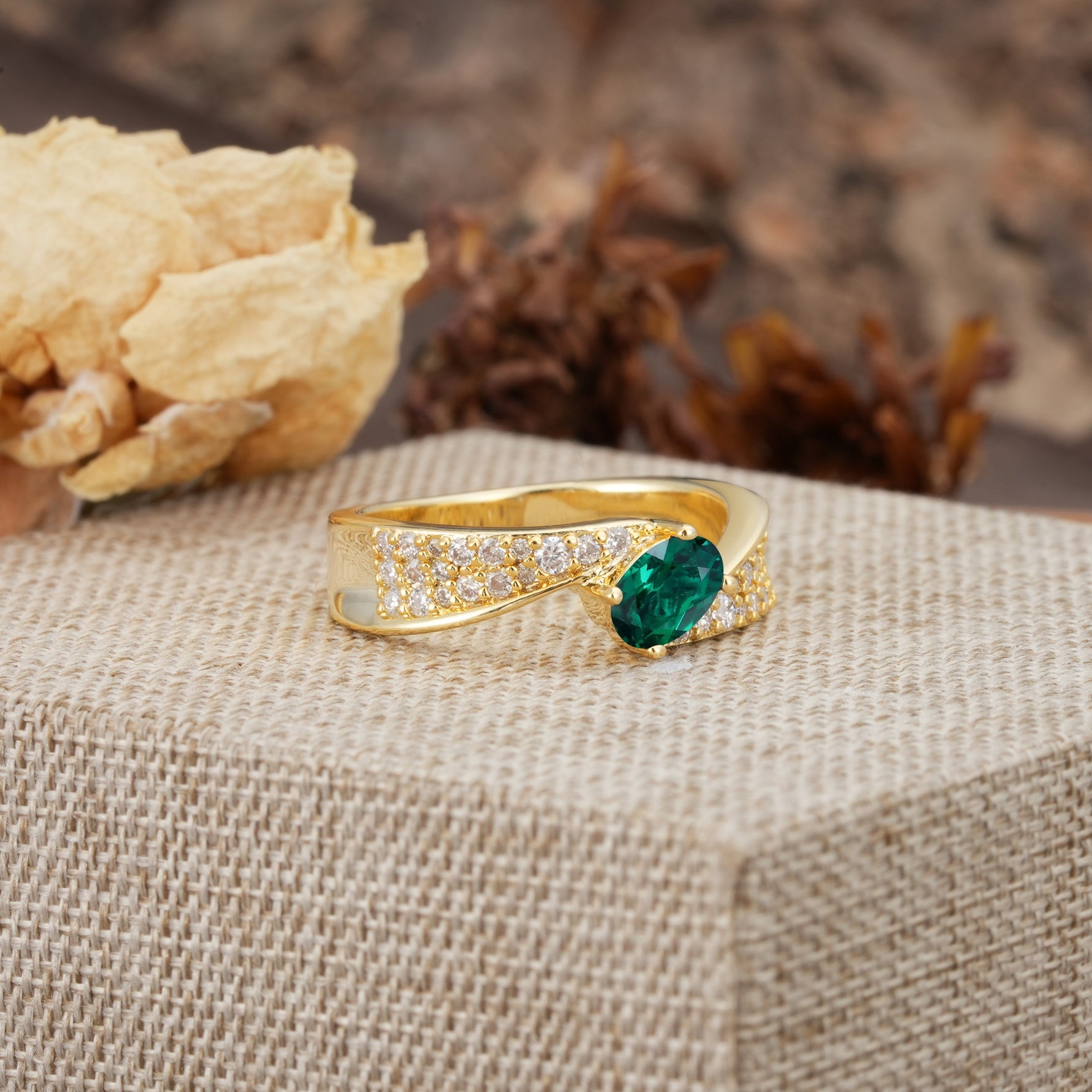 Vintage-Luxury 4-Prong Oval Cut with Pavé Accents Emerald Engagement Ring - Additional view
