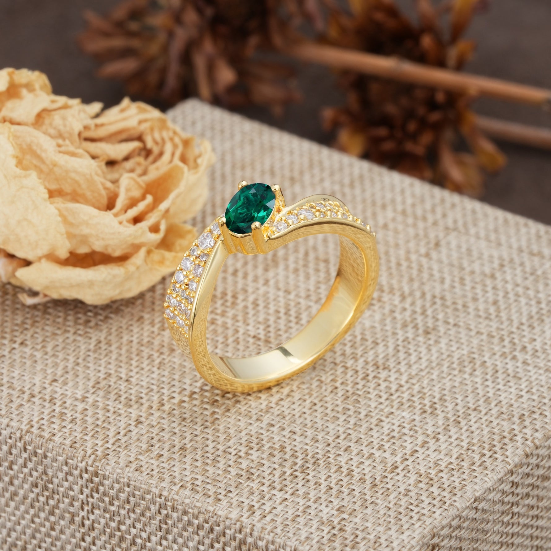 Vintage-Luxury 4-Prong Oval Cut with Pavé Accents Emerald Engagement Ring - Additional view