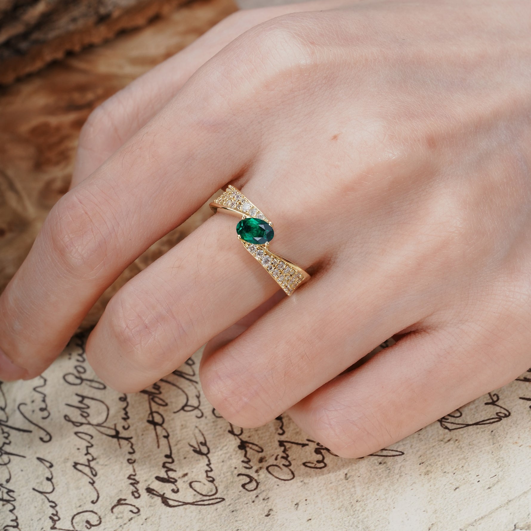 Vintage-Luxury 4-Prong Oval Cut with Pavé Accents Emerald Engagement Ring - Additional view