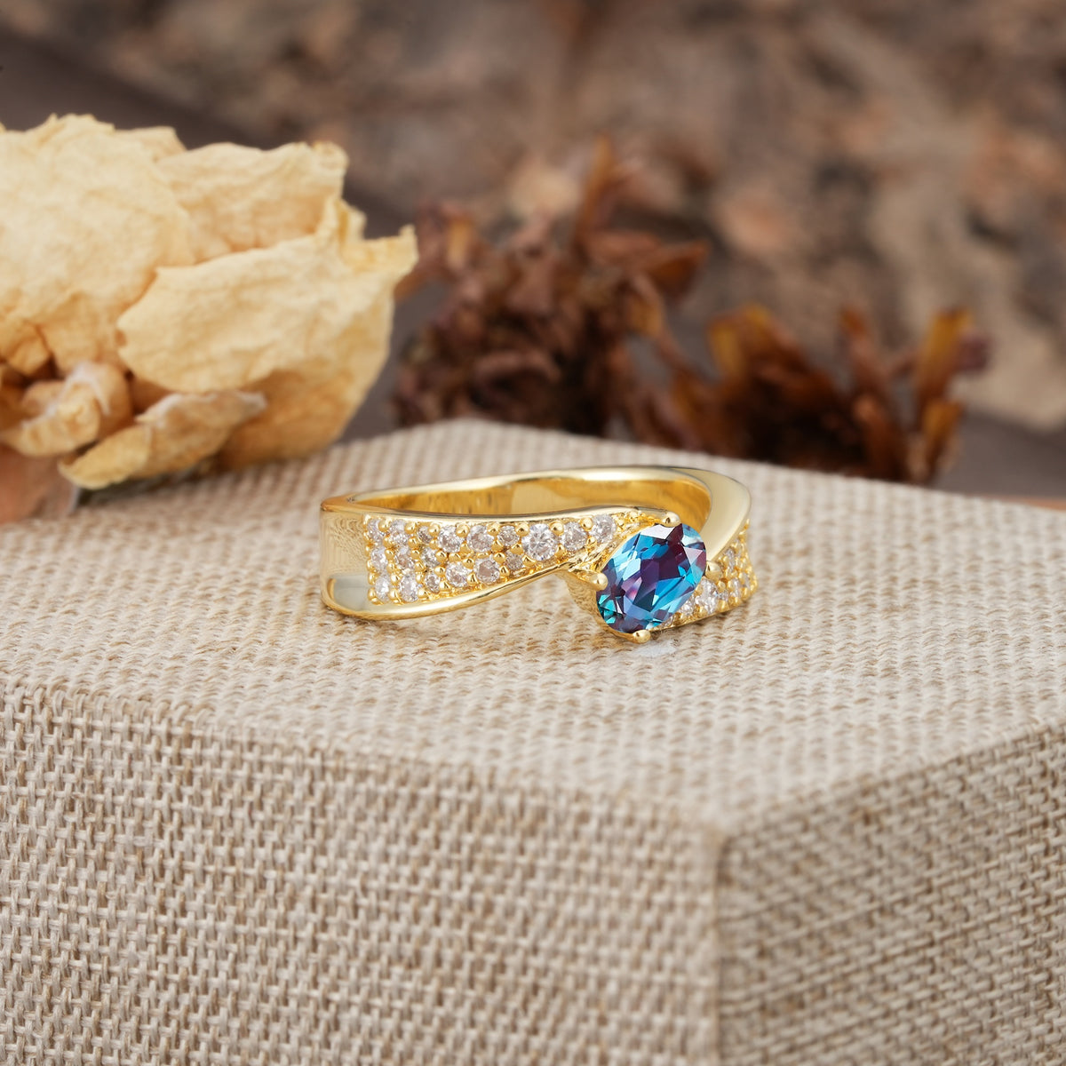 Vintage-Luxury 4-Prong Oval Cut with Pavé Accents Alexandrite Engagement Ring - Additional view